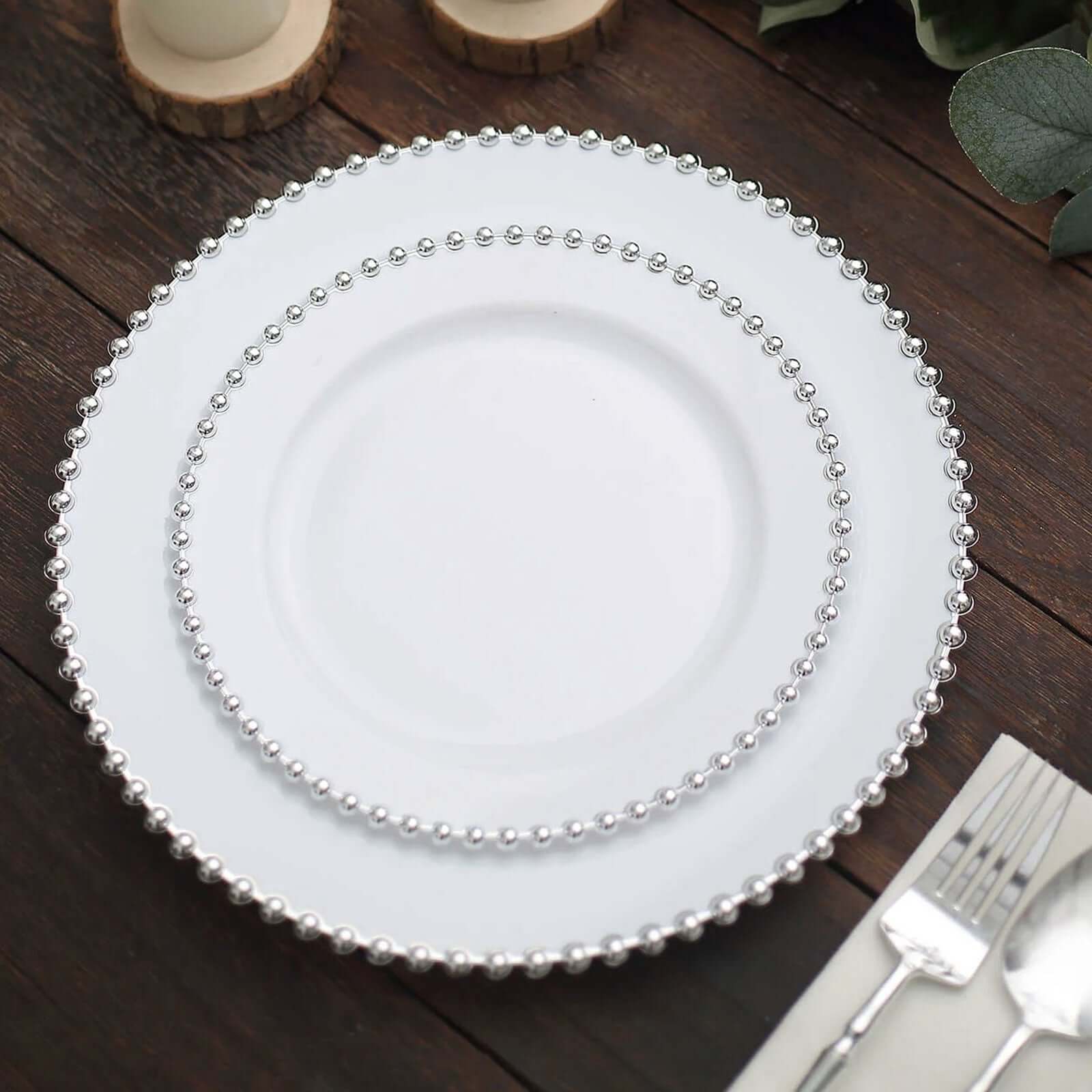 10-Pack Plastic 8 Round Appetizer Dessert Plates in White with Silver Beaded Rim - Disposable Salad Plates