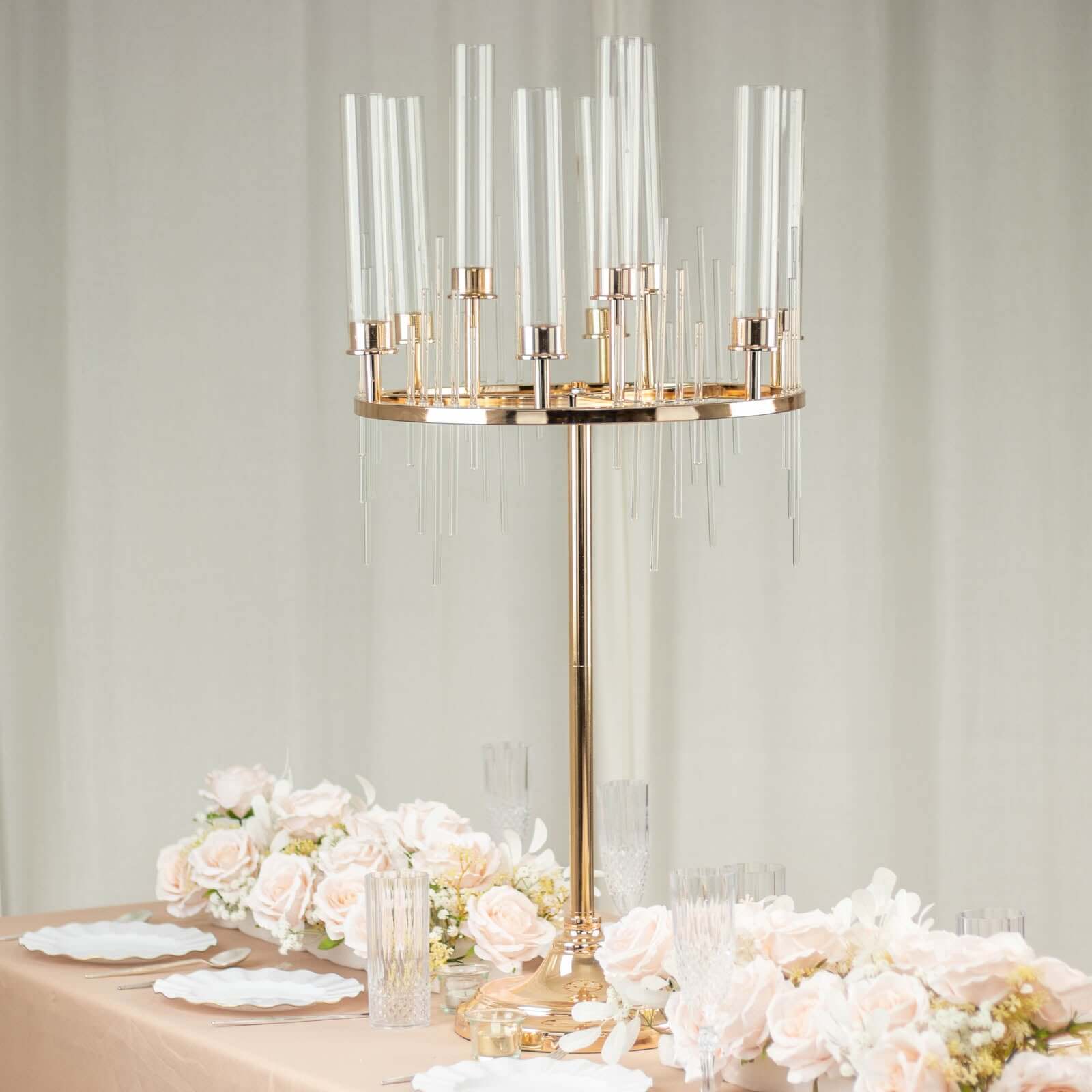 Metal 9-Arm Round Cluster Taper Candelabra Table Centerpiece Gold - Candlestick Holder Table Centerpiece With Drip Accents and Clear Glass Shades 40