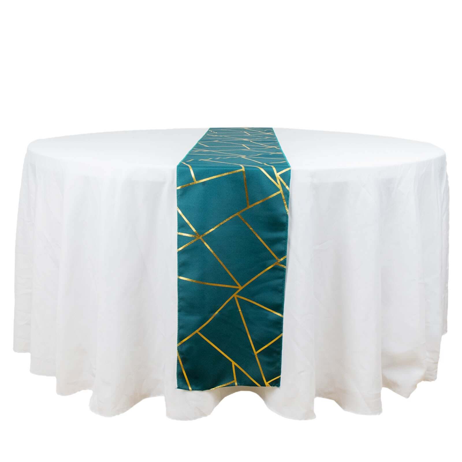 Polyester 9ft Table Runner Peacock Teal with Gold Foil Modern Geometric Accent