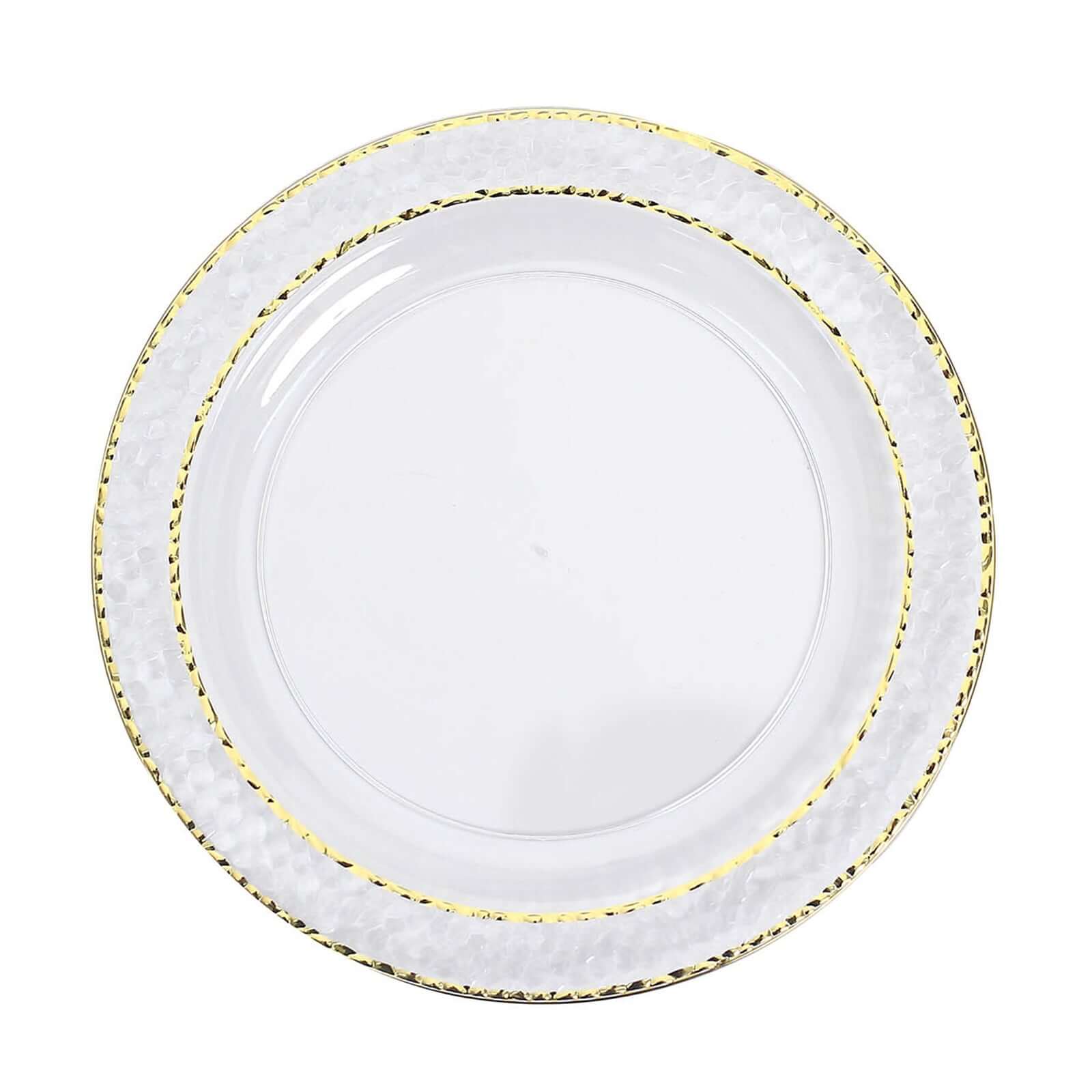 10-Pack Plastic 7.5 Round Appetizer Plates in Clear Hammered Design with Gold Rim - Disposable Salad Plates for Chic Banquets & Special Occasions