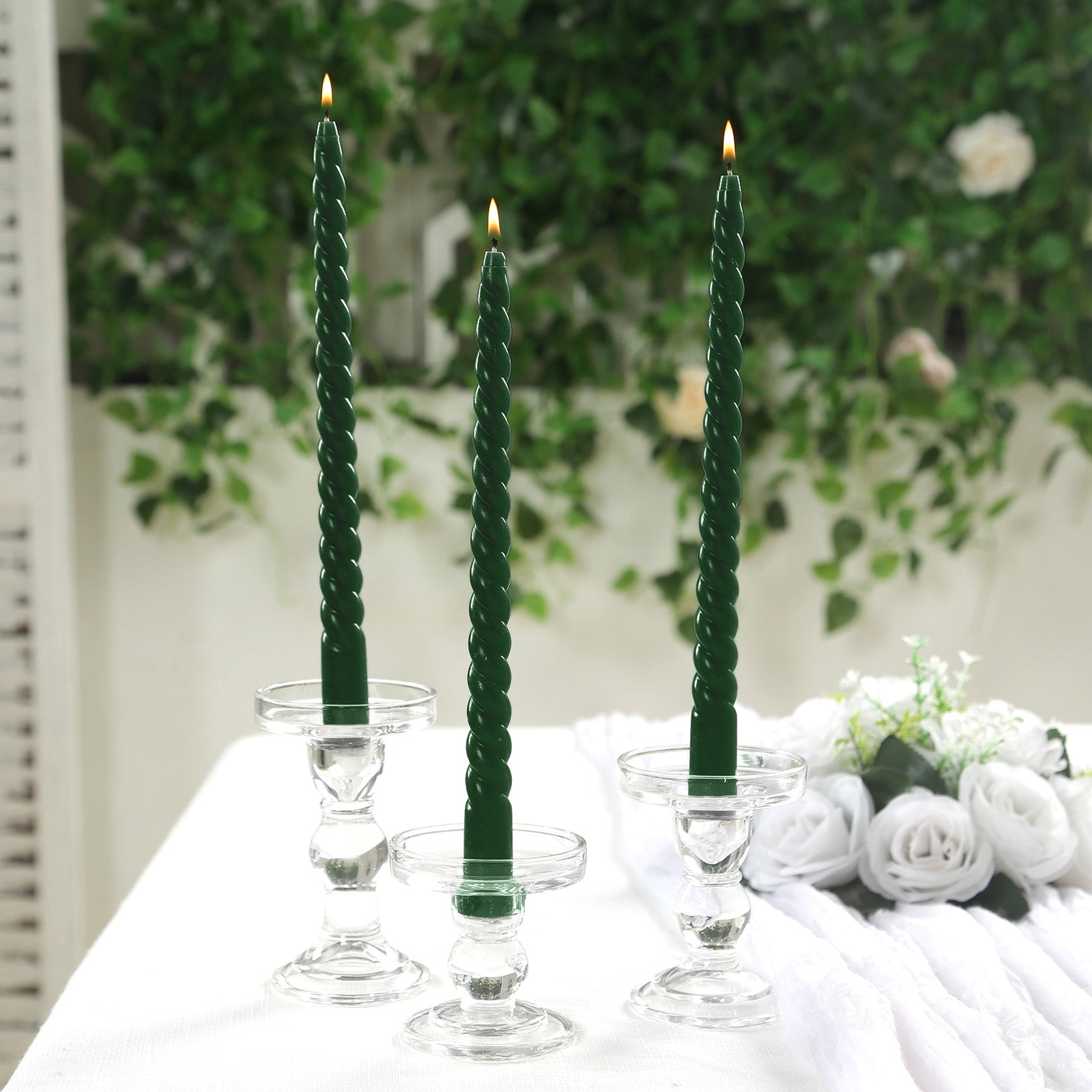 12 Pack 11 Hunter Emerald Green Premium Unscented Spiral Wax Taper Candles, Long Burn Wick Dinner Candle Sticks