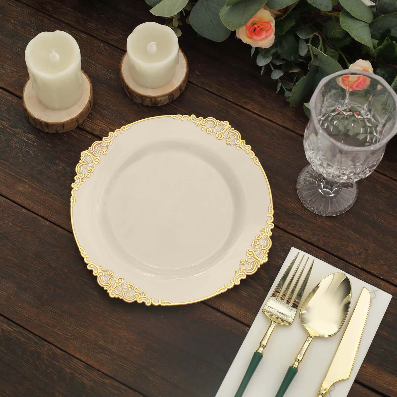 10-Pack Plastic 8 Round Dessert Plates in Ivory with Gold Leaf Embossed Rim - Disposable Vintage Baroque Style Salad Plates