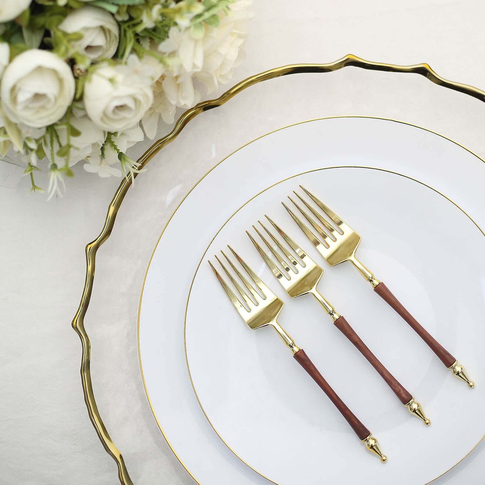 24-Pack Plastic Dessert Forks with Roman Column Handle Gold/Brown - European Style Disposable Utensils 6