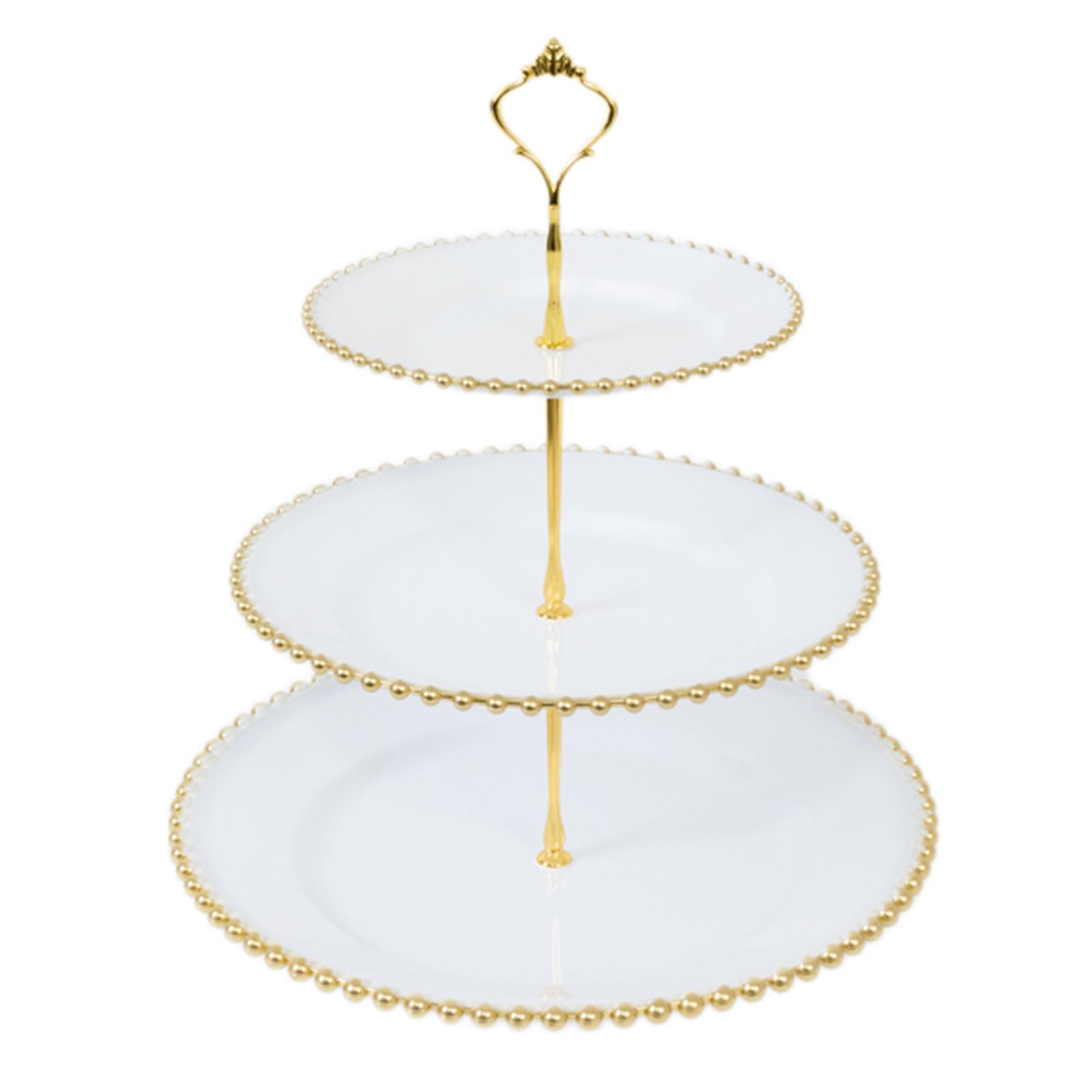 14 White 3-Tier Plastic Dessert Display Stand With Gold Beaded Rim, Round Cupcake Tower Tea Party Serving Platter With Top Handle