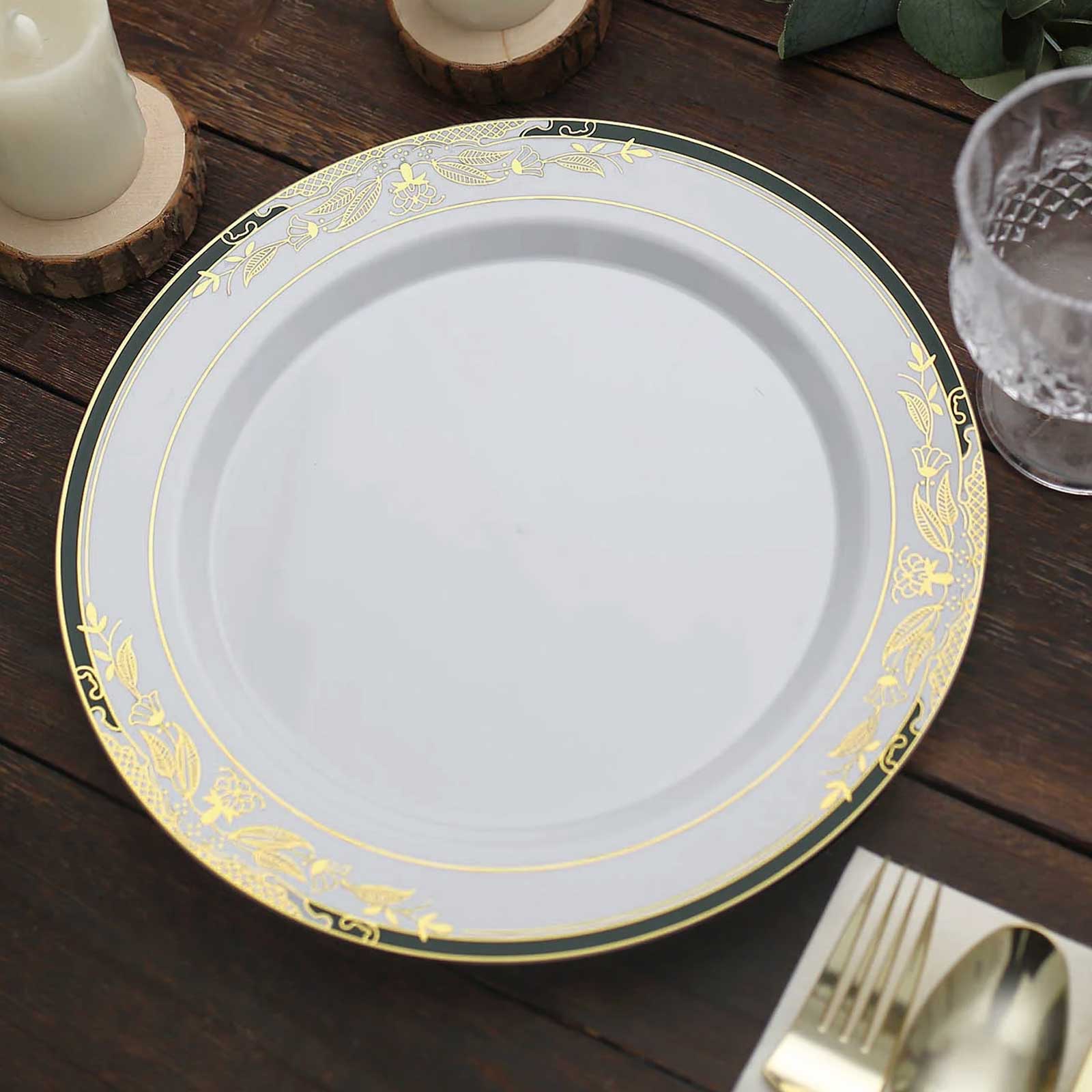 10-Pack Plastic 10 Round Dinner Plates in White with Hunter Emerald Green Rim - Stylish Gold Vine Design Disposable Party Plates for Special Occasions & Celebrations