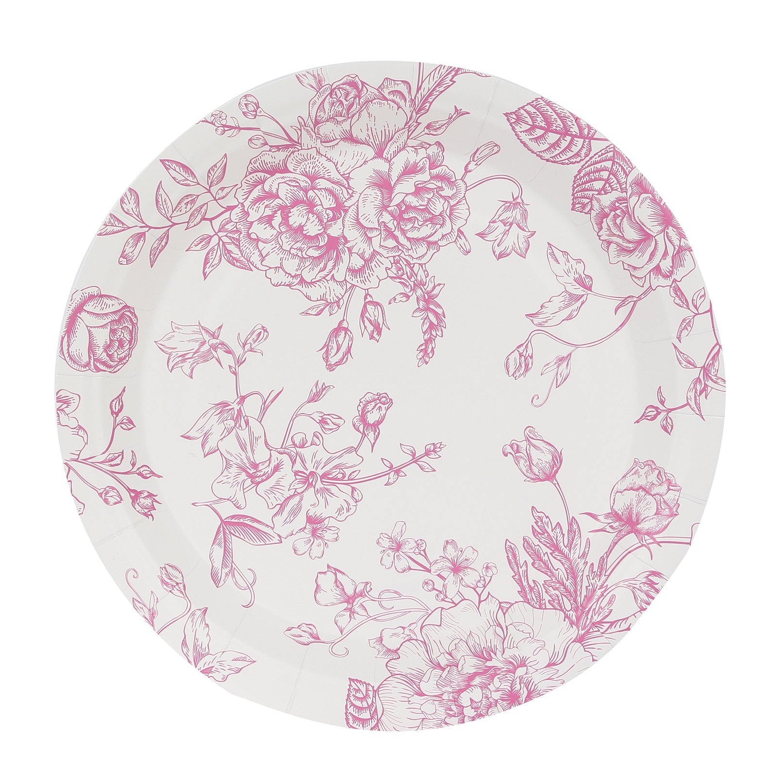 25-Pack Paper 9 Round Dinner Plates in White with Matte Pink French Toile Pattern - Disposable Floral Party Plates