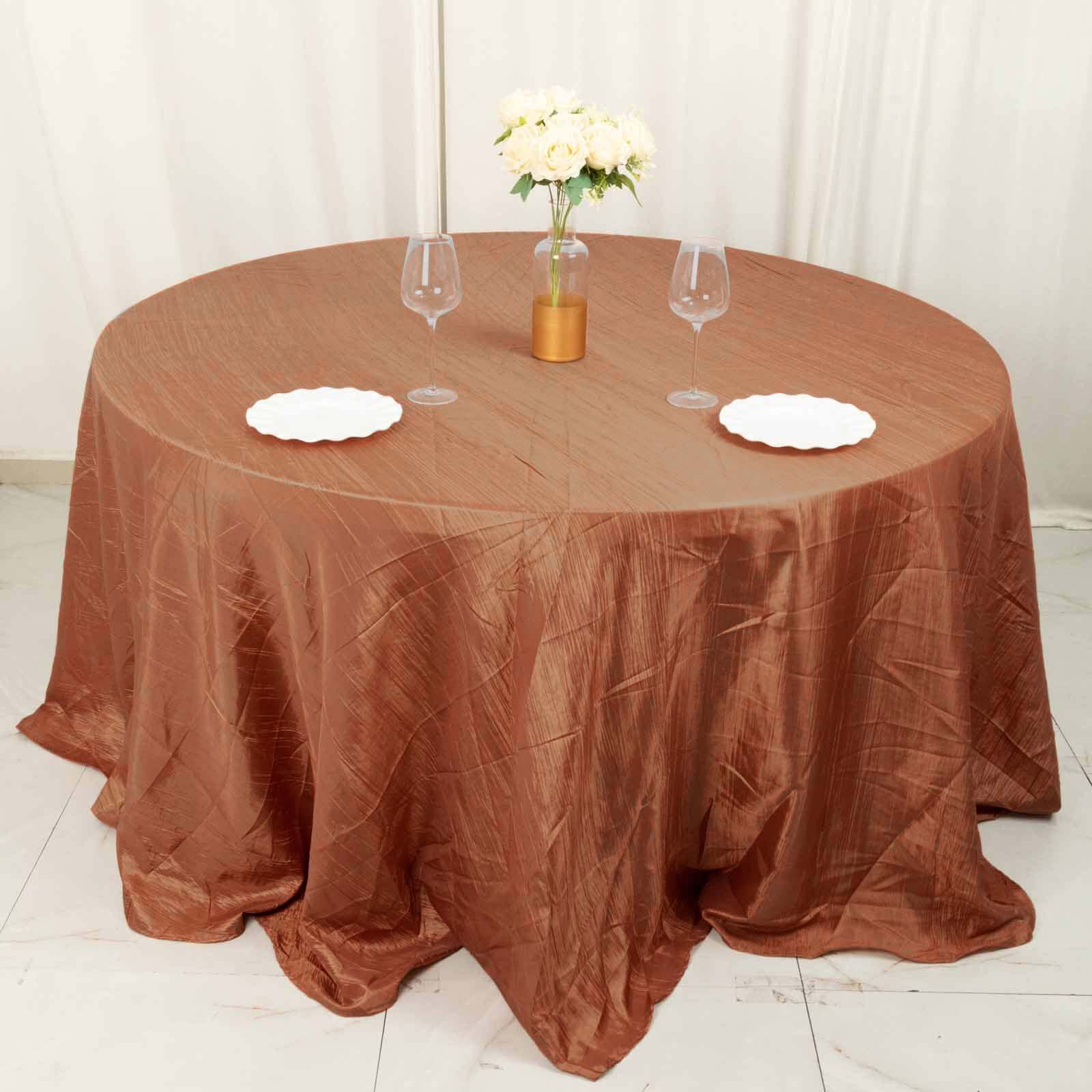 Taffeta 132 Round Tablecloth Terracotta (Rust) - Seamless Accordion Crinkle Table Cover