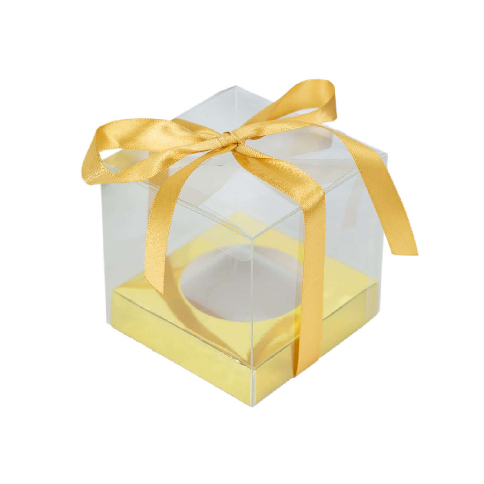 12 Pack 3.5 Clear Metallic Gold Disposable Cupcake Boxes With Ribbon Tie, Plastic Wedding Favor Boxes