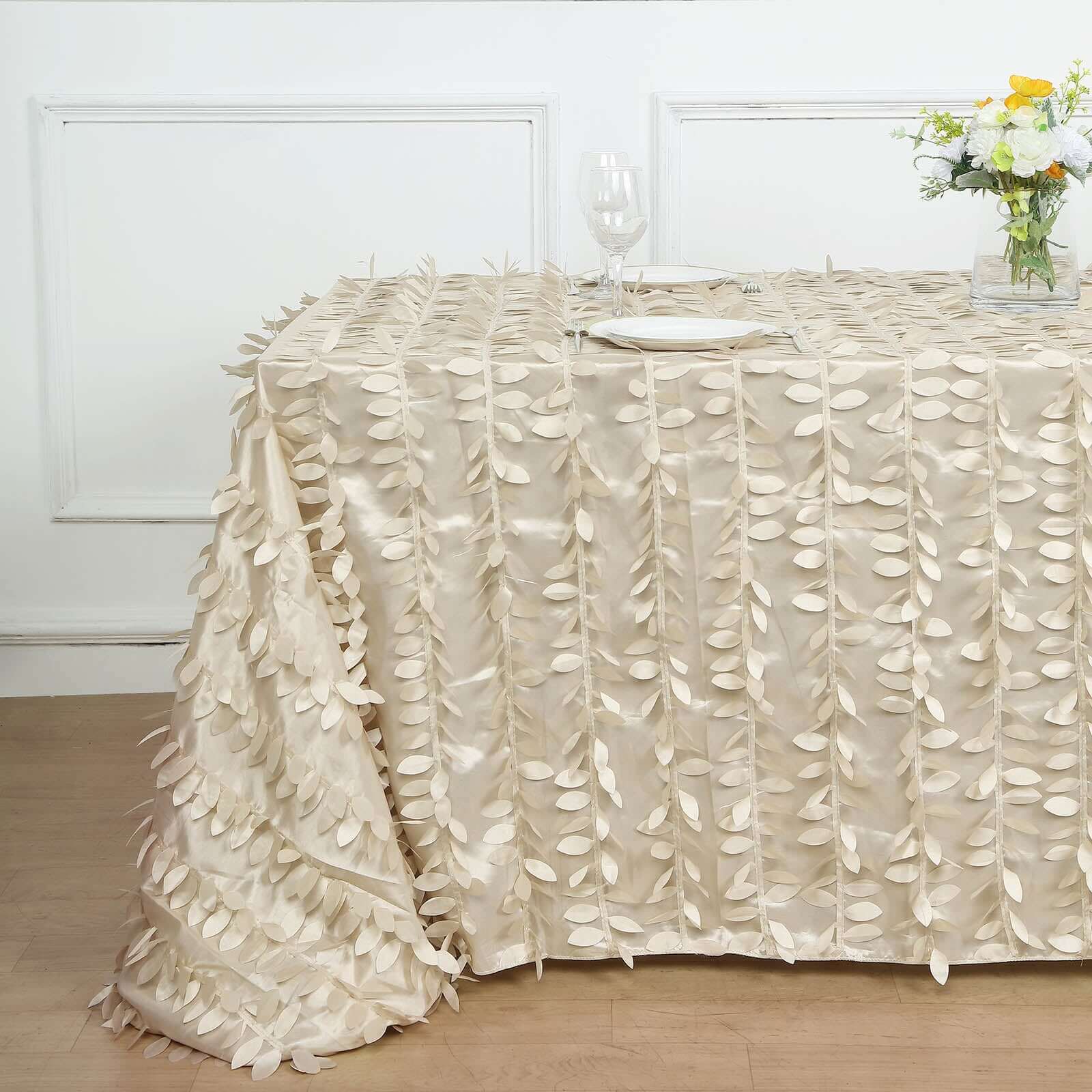 Taffeta 90x156 Rectangle Tablecloth Beige | 3D Leaf Petal Design Seamless Table Cover