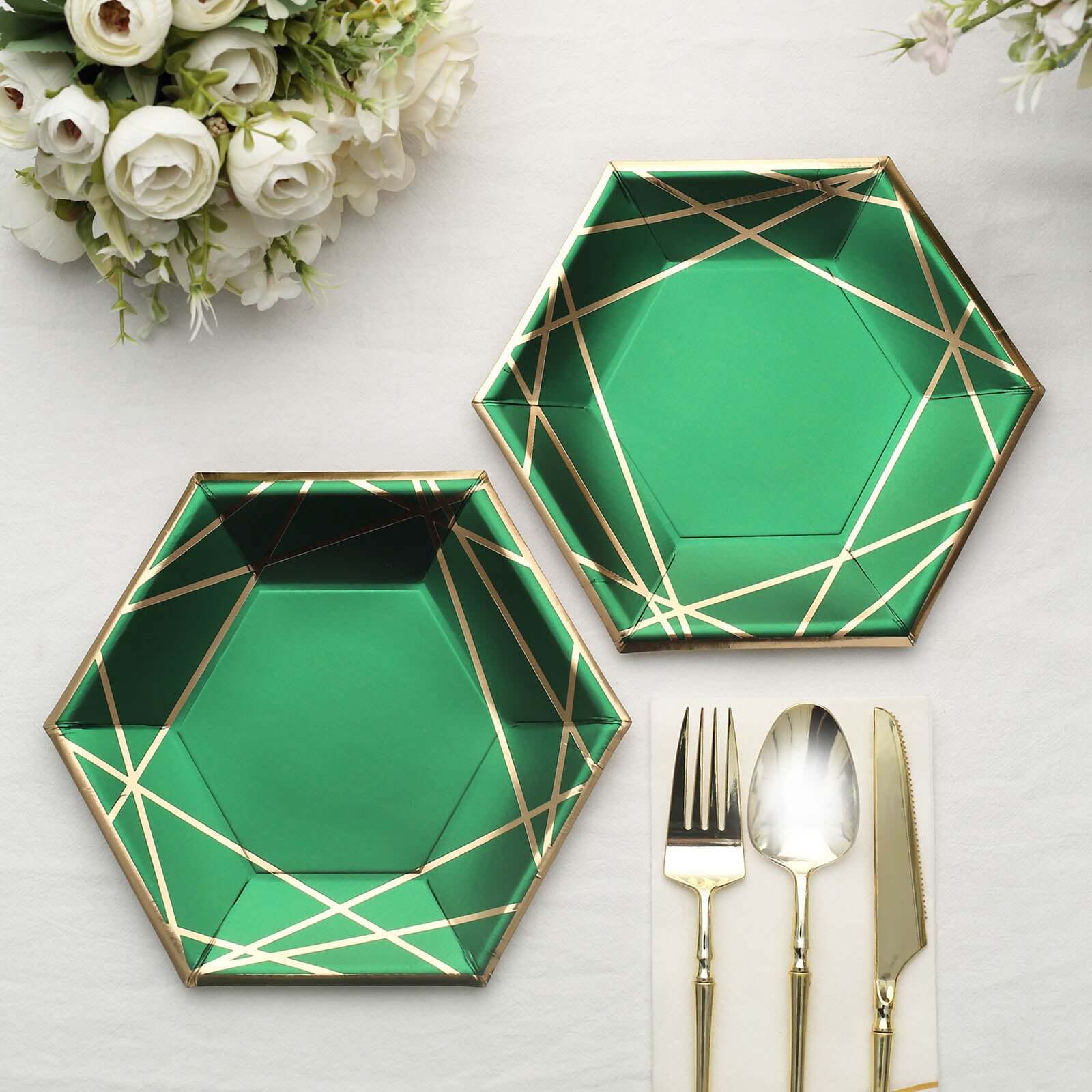 25-Pack Paper 7 Hexagon Dessert Plates in Hunter Emerald Green with Gold Geometric Lines & Rim - Stylish Disposable Geometric 300GSM Appetizer Salad Plates