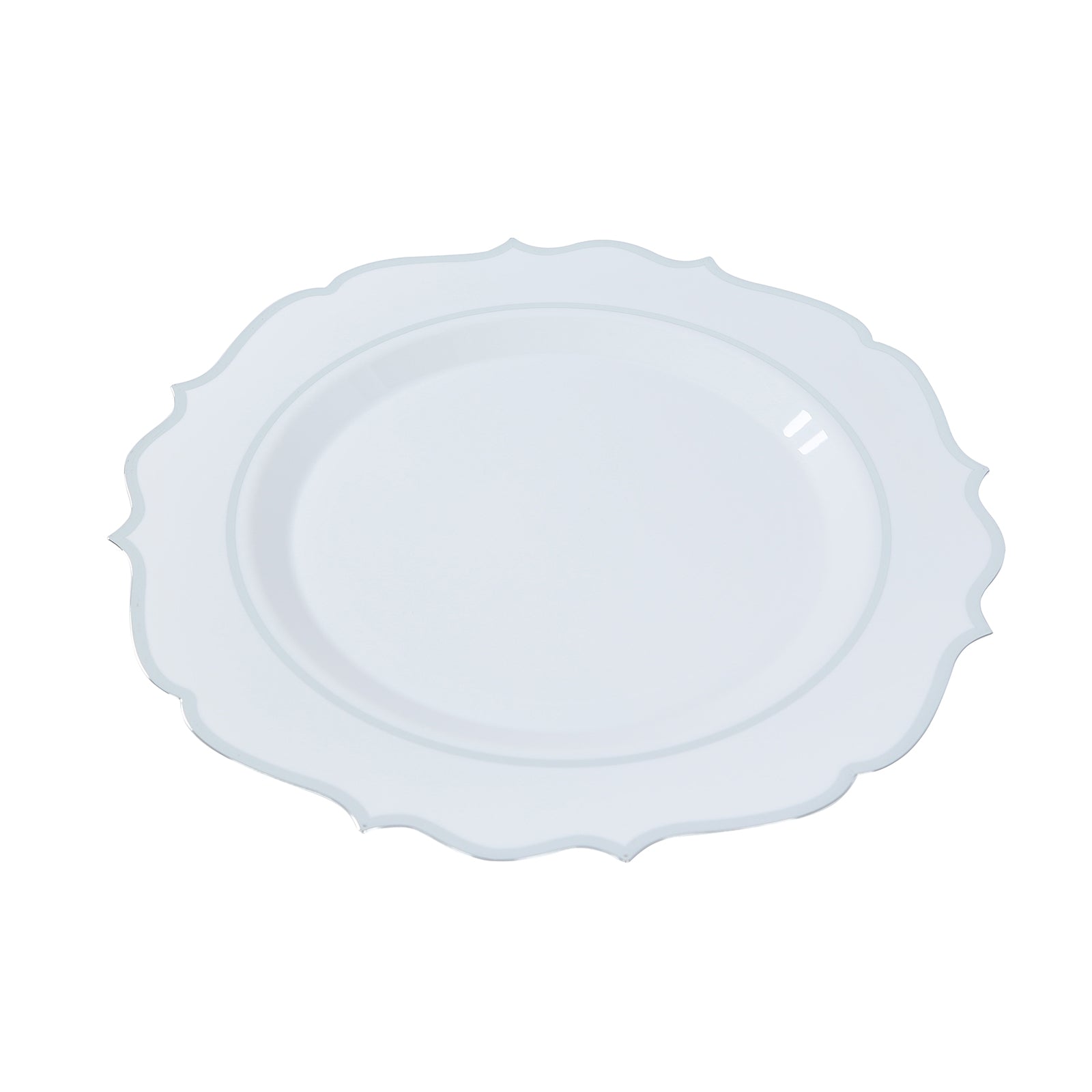 10-Pack Economy Plastic Round Charger Plates 13 in White with Silver Scalloped Rim, Decorative Dinner Party Serving Plates