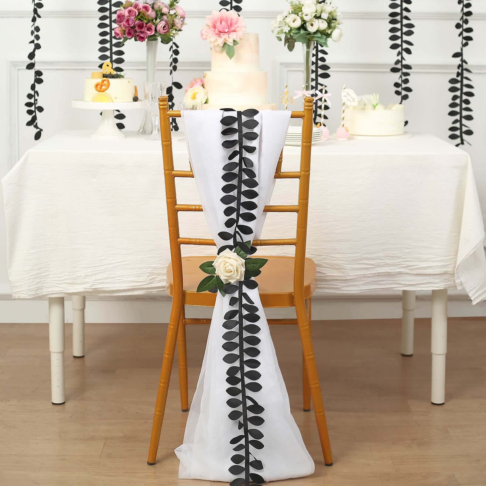 Taffeta Ribbon Sash with 4 Leaf Petal Design Black 50ft - Sophisticated Artificial Fabric Garland for Events