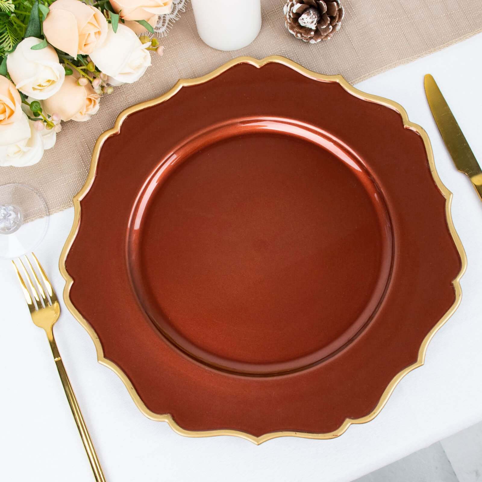 6-Pack Acrylic Round Charger Plates 13 in Terracotta (Rust) with Gold Scalloped Rim, Decorative Dinner Party Plastic Charger Tableware