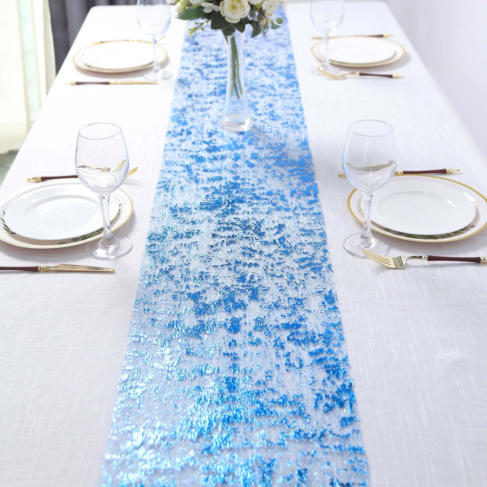 Mesh Polyester 108 Table Runner Roll Metallic Royal Blue - Distressed Foil Look Disposable Table Decor