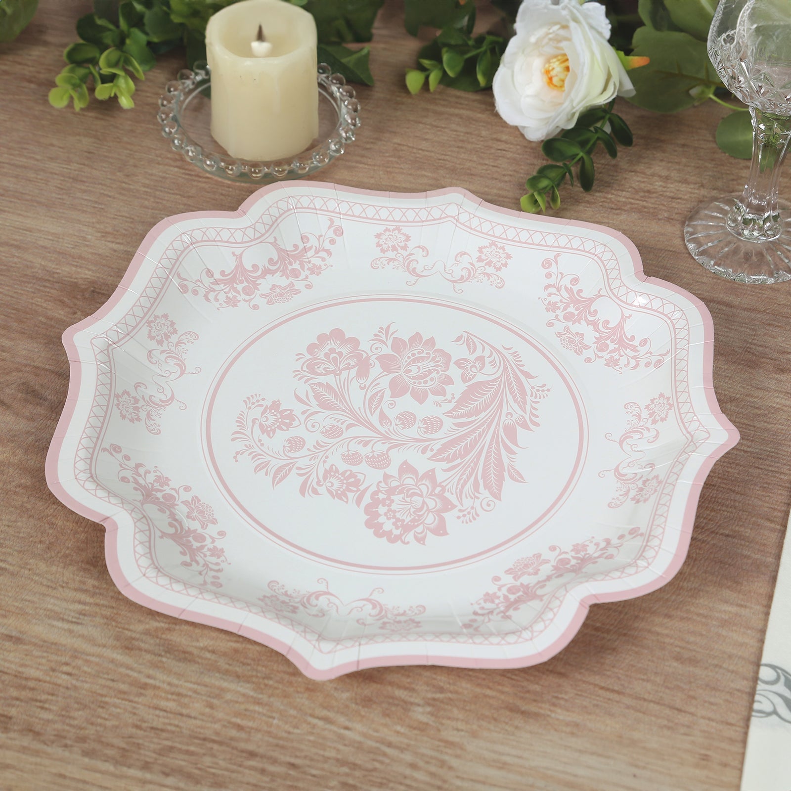 25-Pack Paper Dinner Plates in White with Pink French Toile Print & Scallop Rim - Stylish Disposable 300GSM Floral Party Plates 10