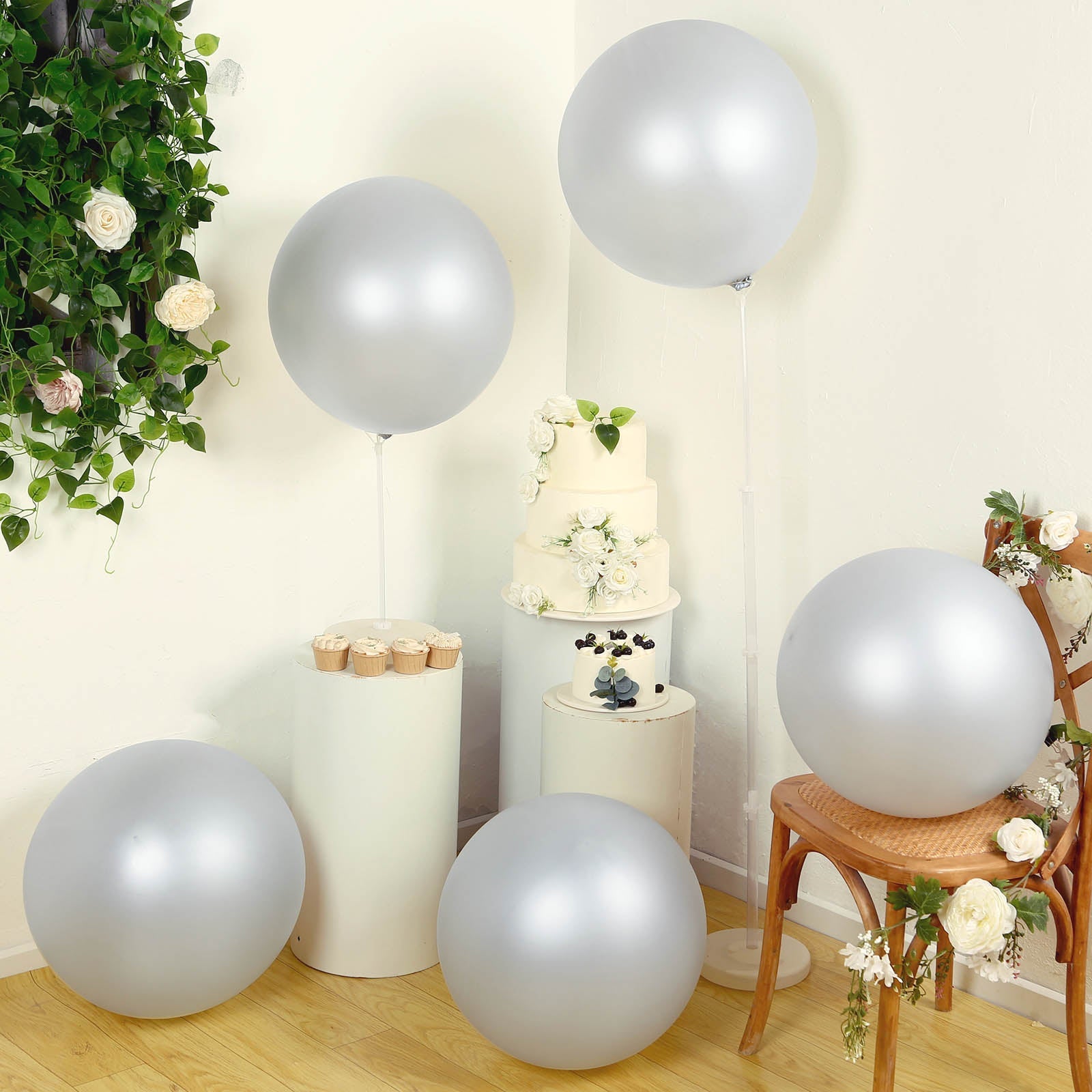 5 Pack Large Silver Biodegradable Balloons, 36 Thickened Extra Strong Eco-friendly Latex Helium Party Balloons