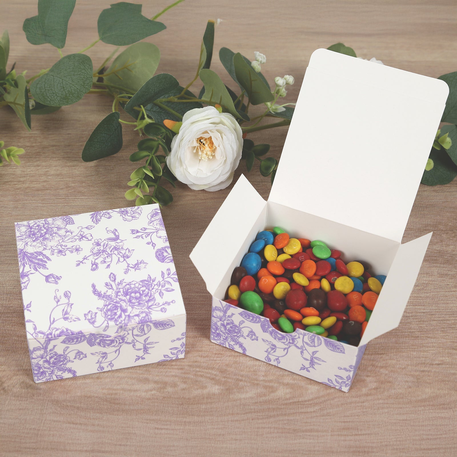 25 Pack Party Favors Boxes in French Toile Pattern, Matte Lavender and White Candy Gift Boxes - Cardstock Paper - 4x4x2