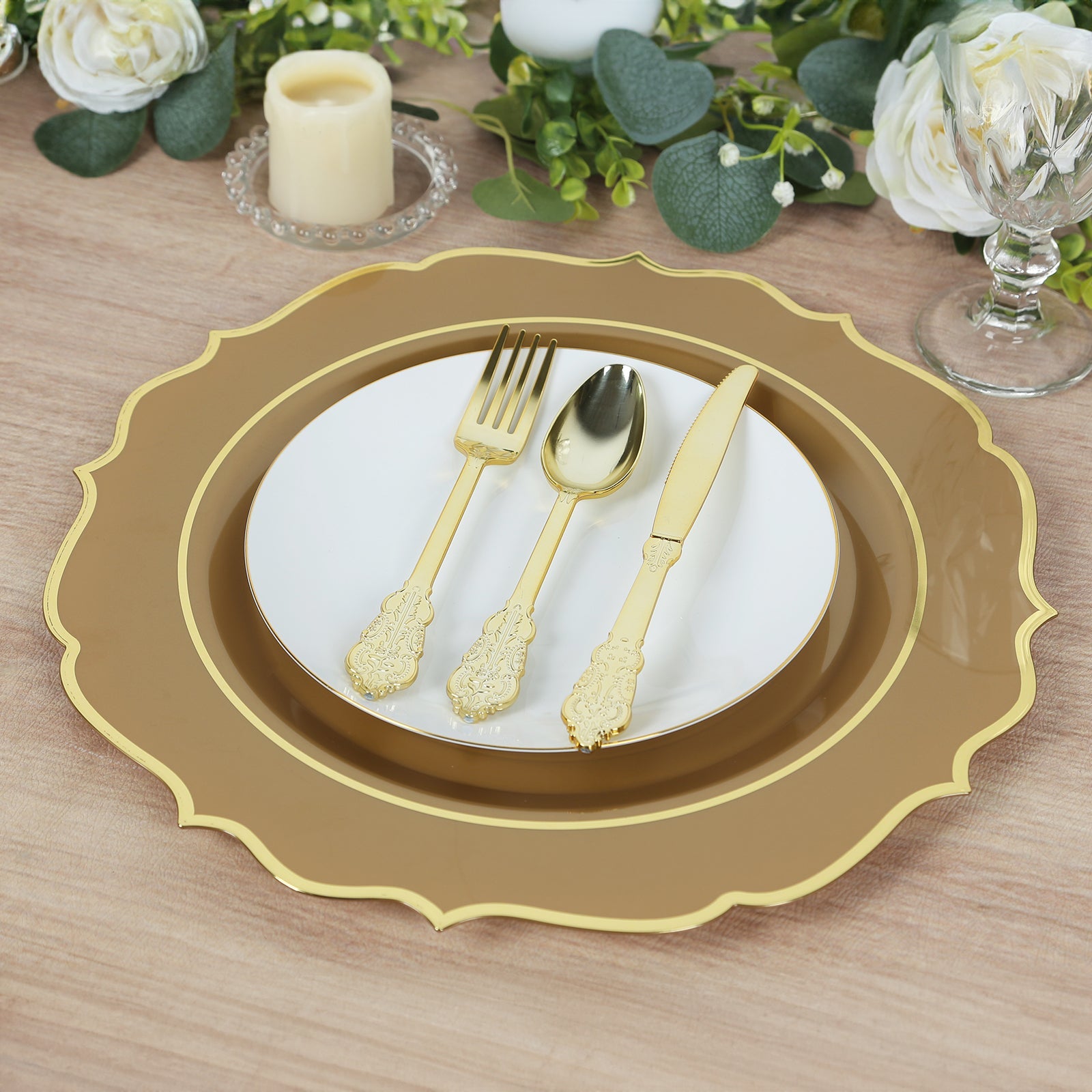 10-Pack Economy Plastic Round Charger Plates 13 in Gold with Scalloped Rim, Decorative Dinner Party Serving Plates