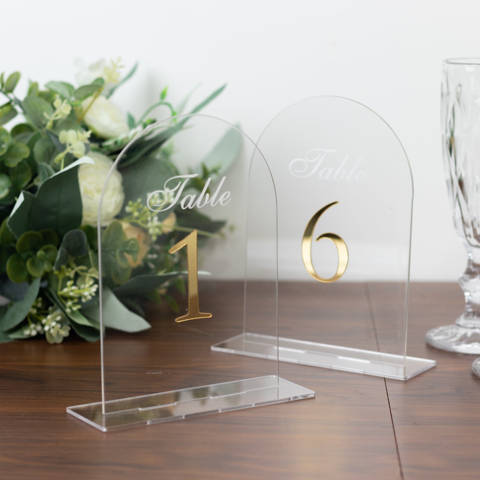 Clear Arch Acrylic Table Numbers (1-10) - 6x7 Wedding Reception Signs with Gold Print & Stands