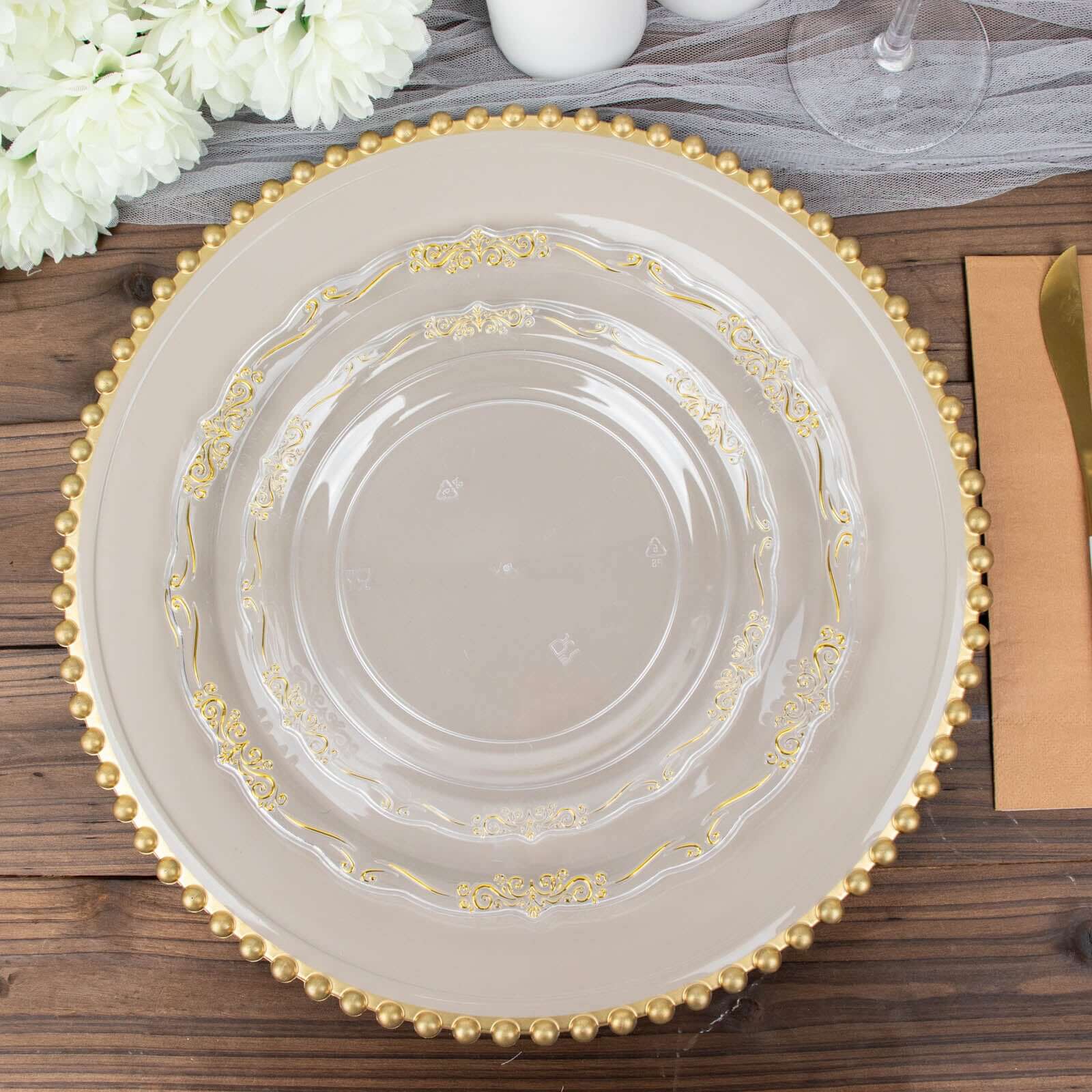 10-Pack Plastic 7 Round Dessert Plates in Clear with Gold Vintage Embossed Rim - Sturdy Disposable Scalloped Edge Salad Plates for Sophisticated Events & Celebrations