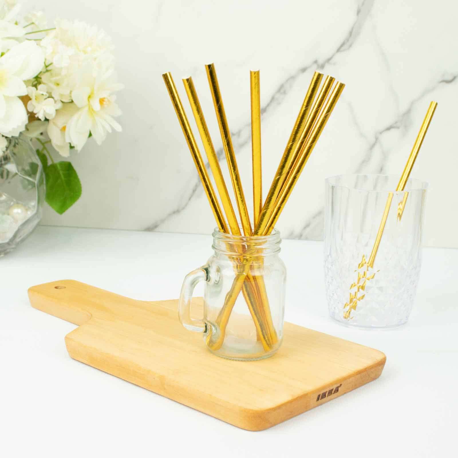 50-Pack Paper Drinking Straws Metallic Gold Foil Food Grade - Disposable Biodegradable Straws for Events 8