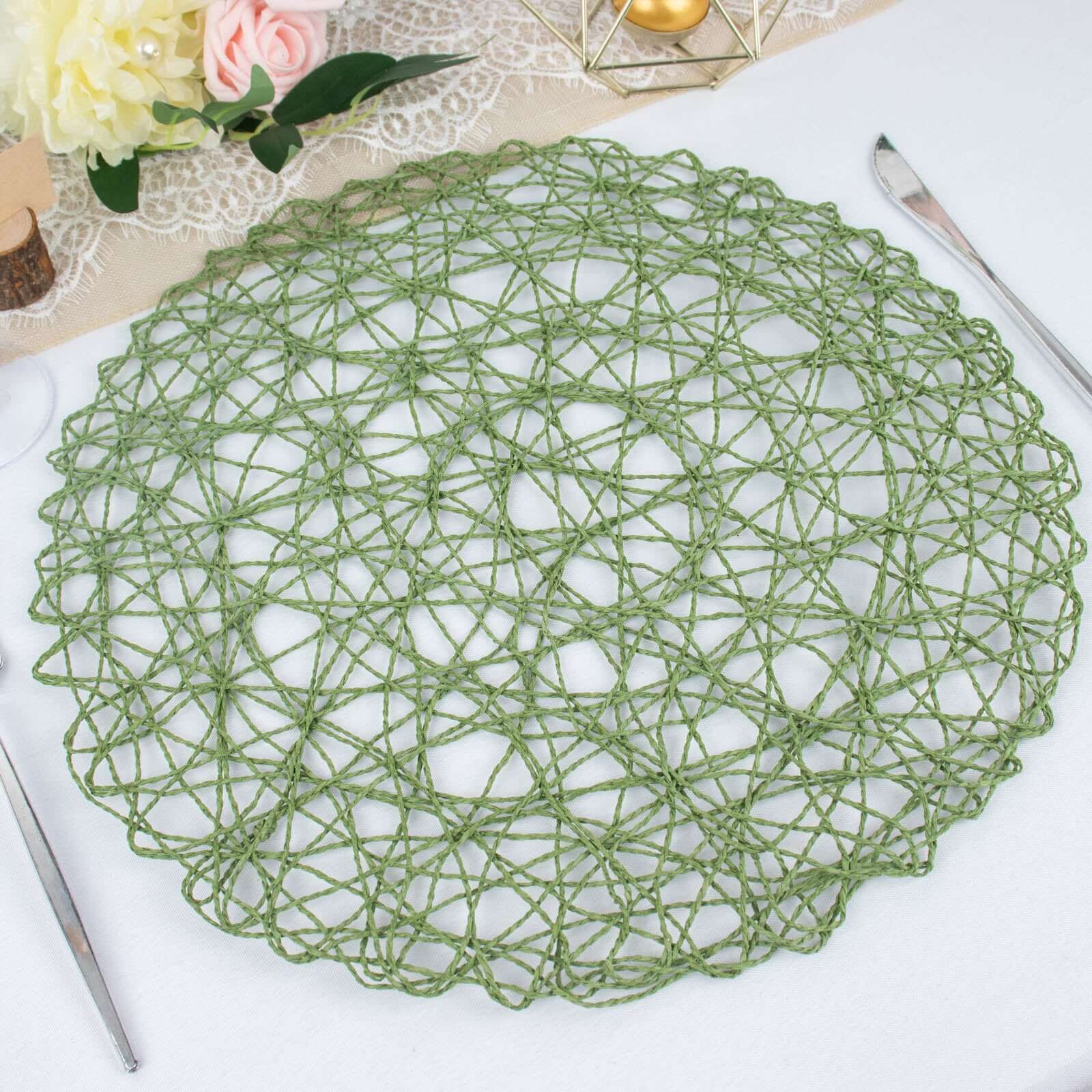 6-Pack Table Placemats Woven Fiber Design Olive Green Round - Disposable Mats for Dining and Events 15