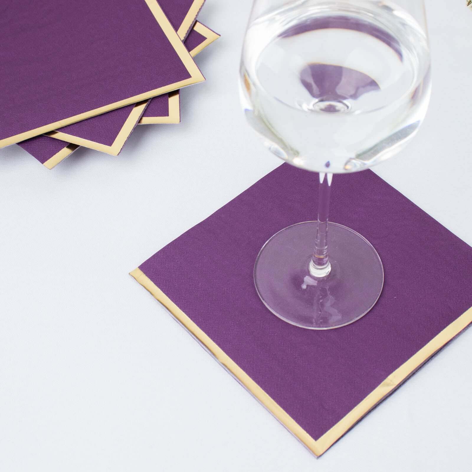 50-Pack Paper Beverage Napkins with Gold Foil Edge Purple - Disposable 2 Ply Cocktail Napkins for Events 6.5x6.5