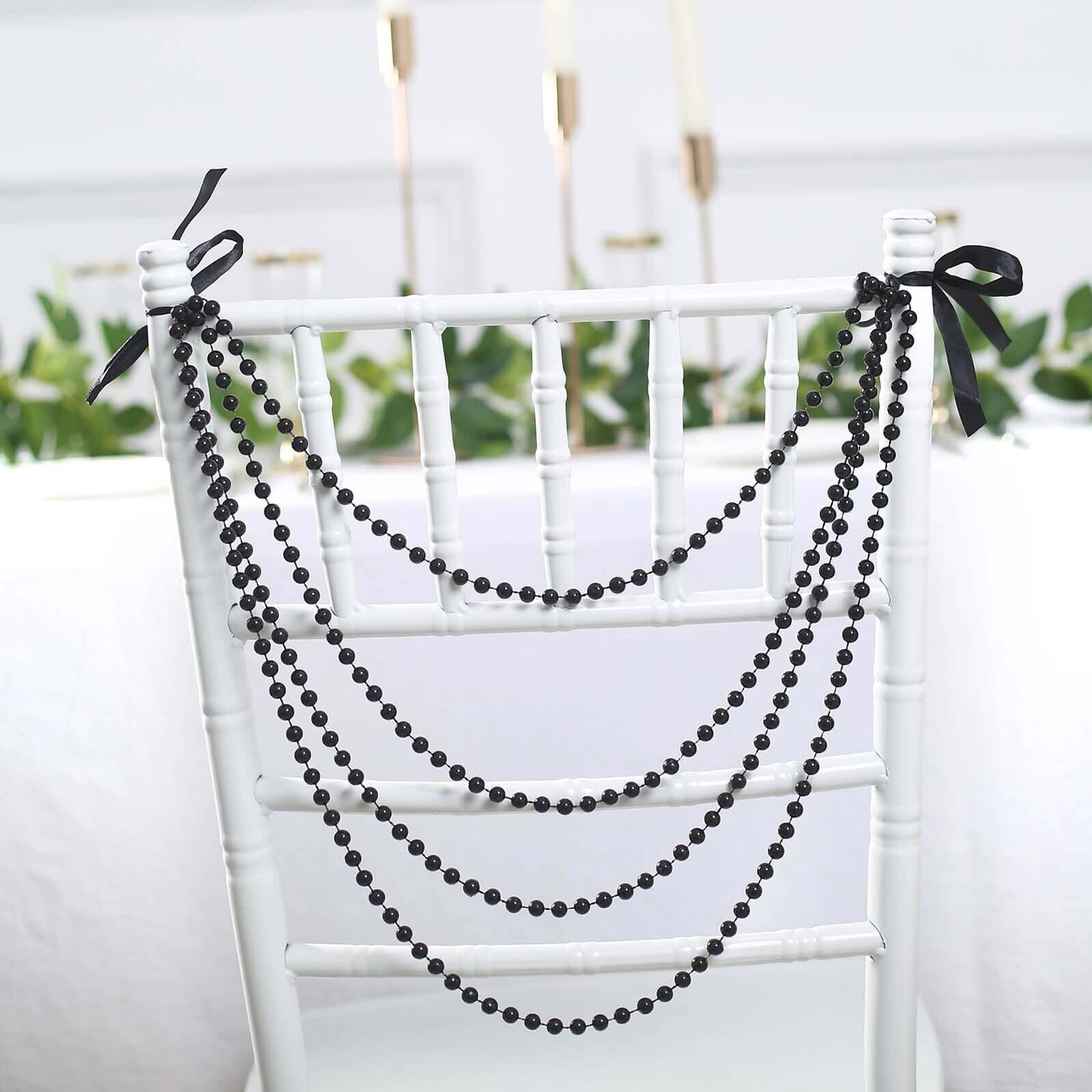 Faux Pearl Beaded 16 Chair Back Garland Sash Black Gatsby-Inspired Style - Pre-Tied Chic Wedding Decor for Chiavari Chairs