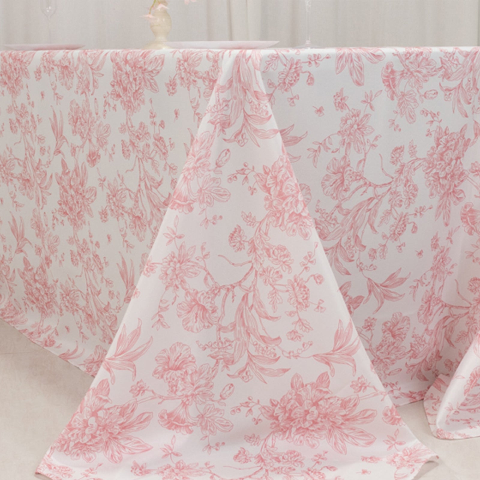 Polyester 90x132 Rectangle Tablecloth White - Seamless Pink French Toile Pattern for Formal Celebrations