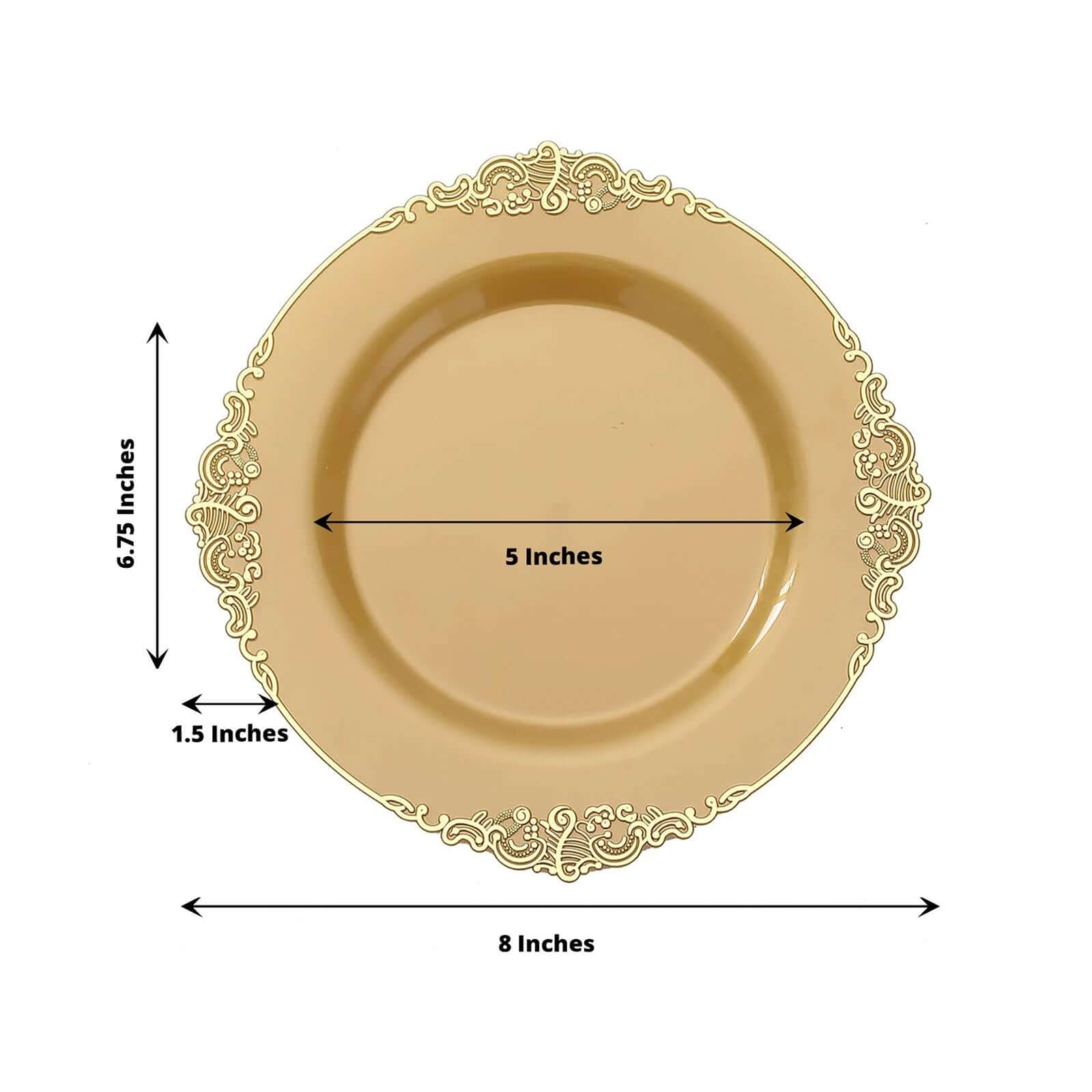 10-Pack Plastic 8 Round Dessert Plates in Gold with Leaf Embossed Rim - Disposable Vintage Baroque Style Salad Plates for Luxurious Gatherings & Events