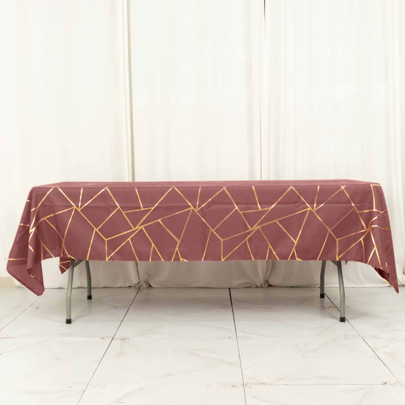 Polyester 60x102 Rectangle Tablecloth Cinnamon Rose with Gold Foil Geometric Pattern - Wrinkle-Resistant & Durable Table Cover