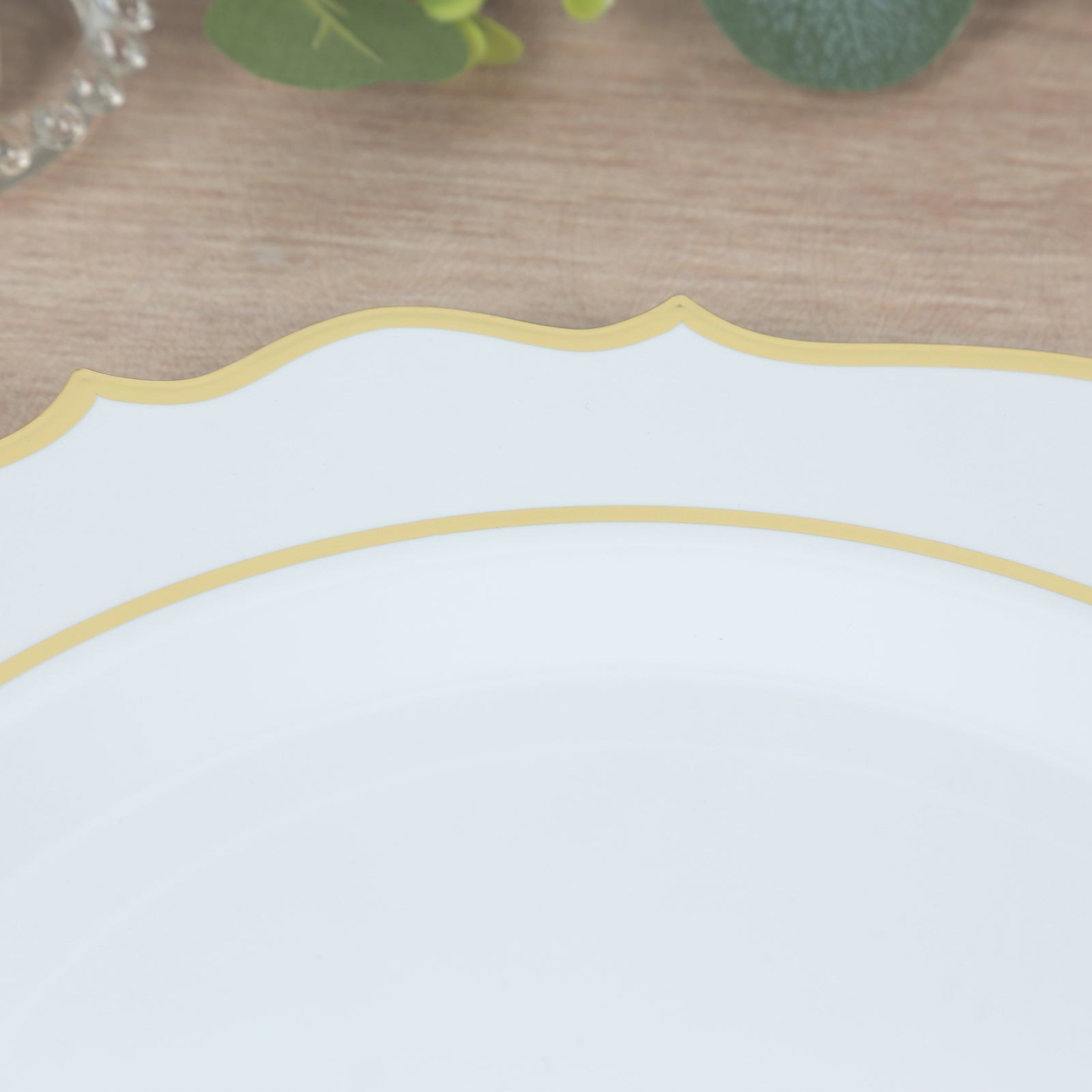 10-Pack Economy Plastic Round Charger Plates 13 in White with Gold Scalloped Rim, Decorative Dinner Party Serving Plates