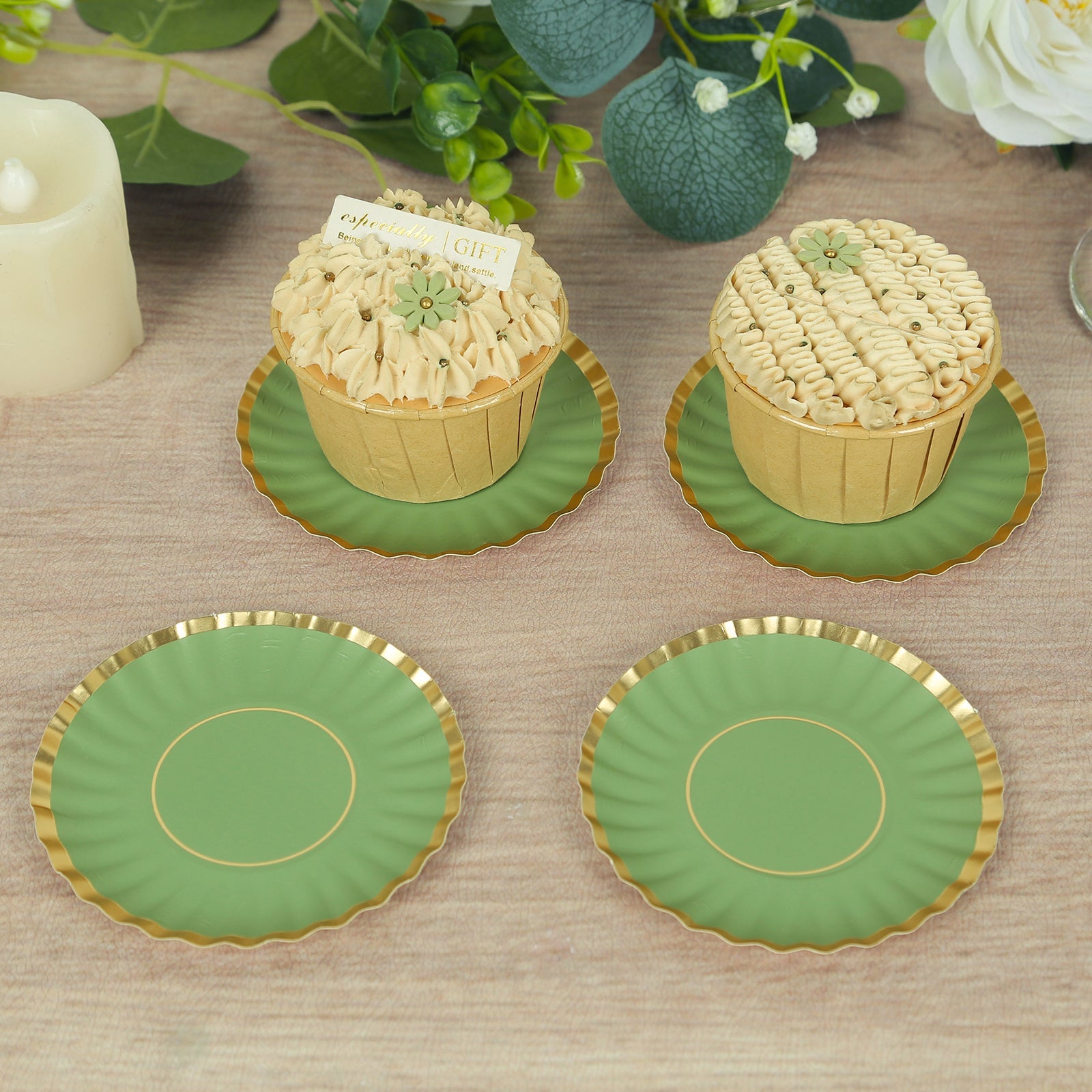 50-Pack Paper 3.5 Round Party Plates in Dusty Sage Green with Gold Scalloped Rim - Disposable Mini 250GSM Dessert Plates for Tapas, Appetizers & Finger Foods