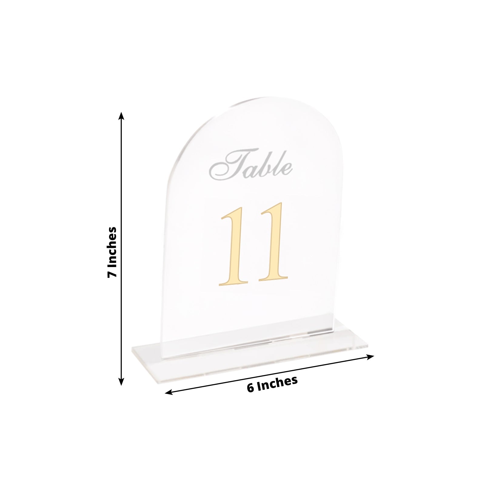 Clear Arch Acrylic Table Numbers (11-20) - 6x7 Wedding Reception Signs with Gold Print & Stands