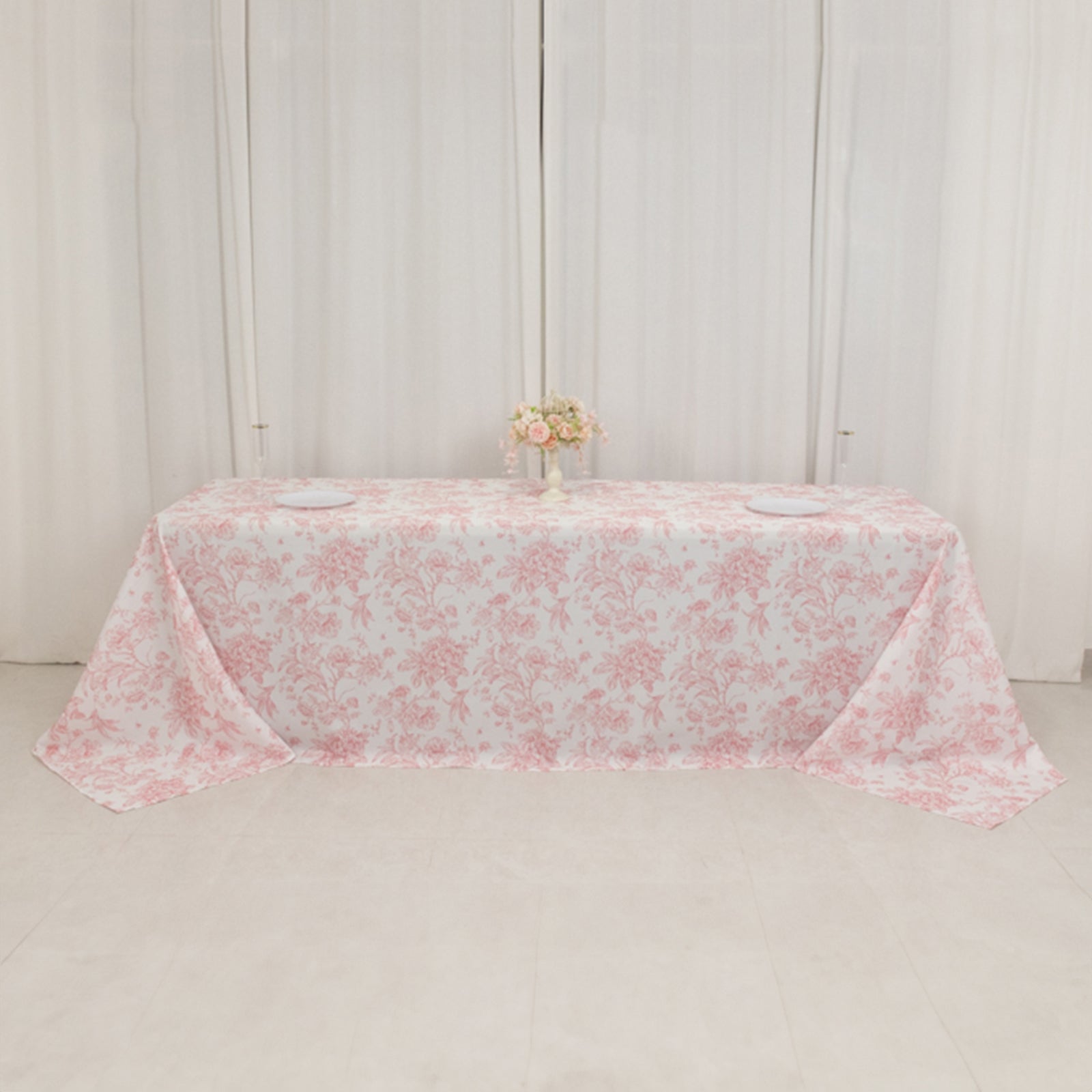 Polyester 90x156 Rectangle Tablecloth White - Seamless Pink French Toile Pattern for Grand Occasions