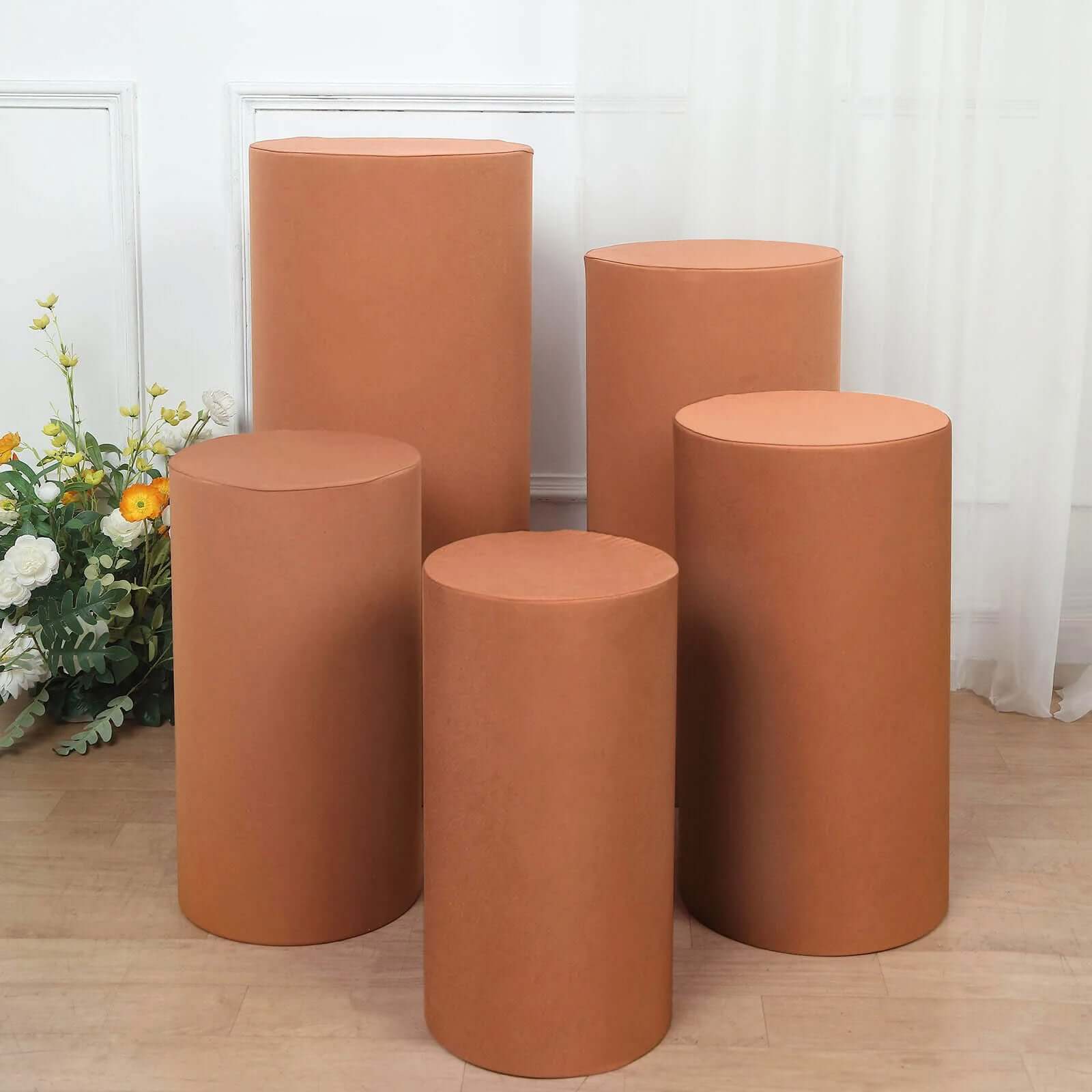 Set of 5 Terracotta (Rust) Spandex Cylinder Pedestal Stand Covers, Stretchable Pillar Prop Covers - 160 GSM