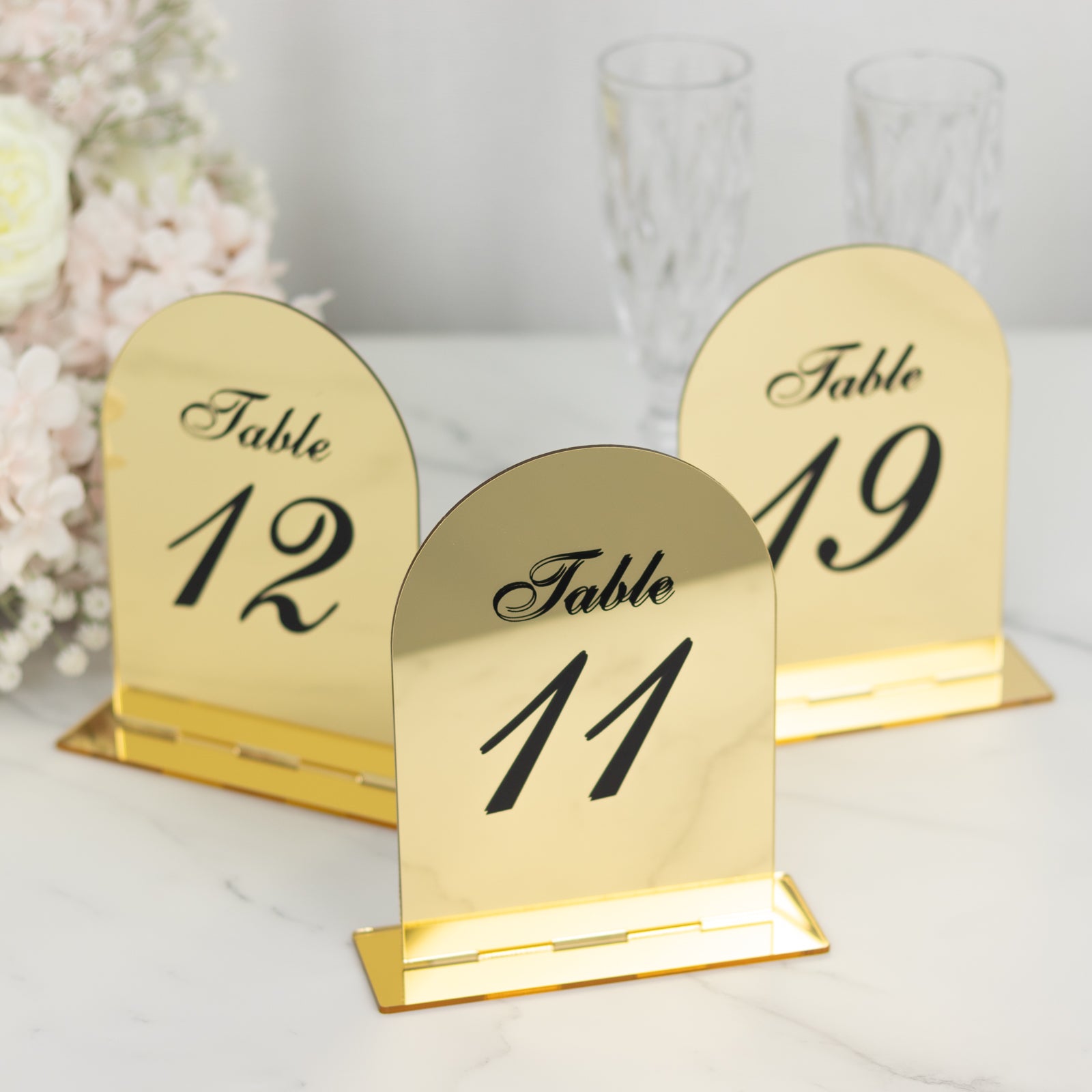 Gold Mirror Arch Acrylic Table Numbers (11-20) - 6x7 Wedding Reception Signs with Black Print & Stands