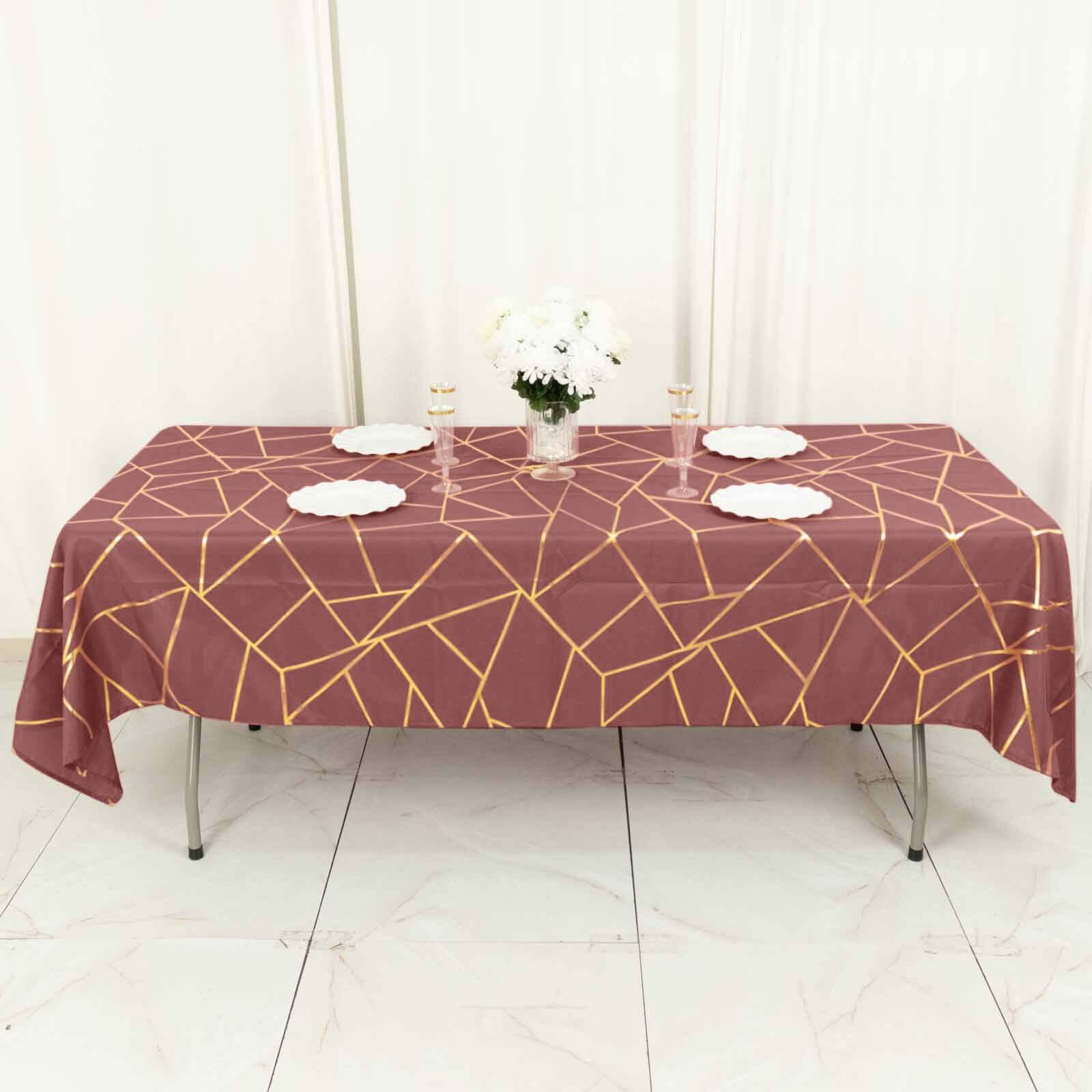 Polyester 60x102 Rectangle Tablecloth Cinnamon Rose with Gold Foil Geometric Pattern - Wrinkle-Resistant & Durable Table Cover