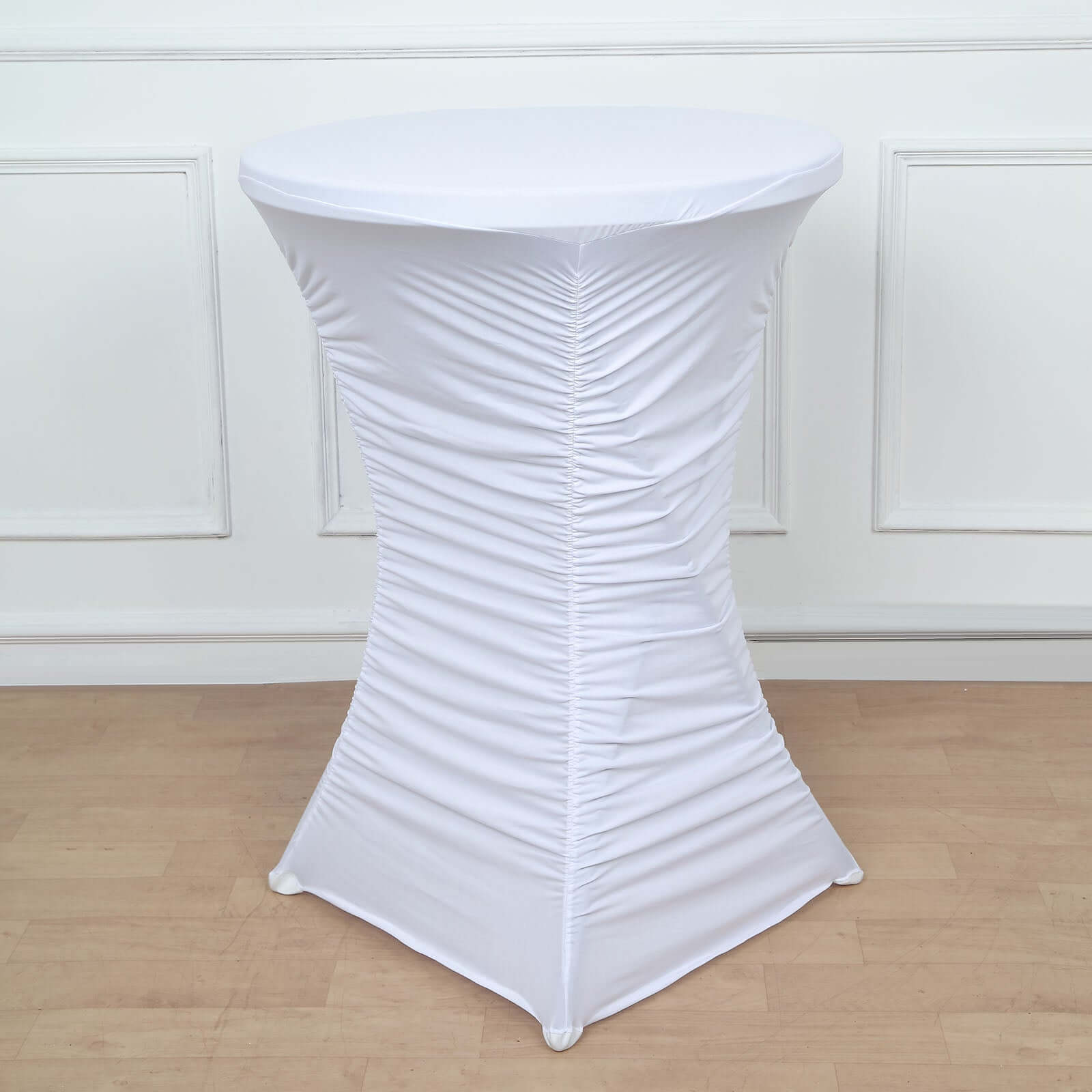 Heavy Duty Spandex 32 Fitted Round Cocktail Table Cover White Ruched Pleated - Durable Stretch Design