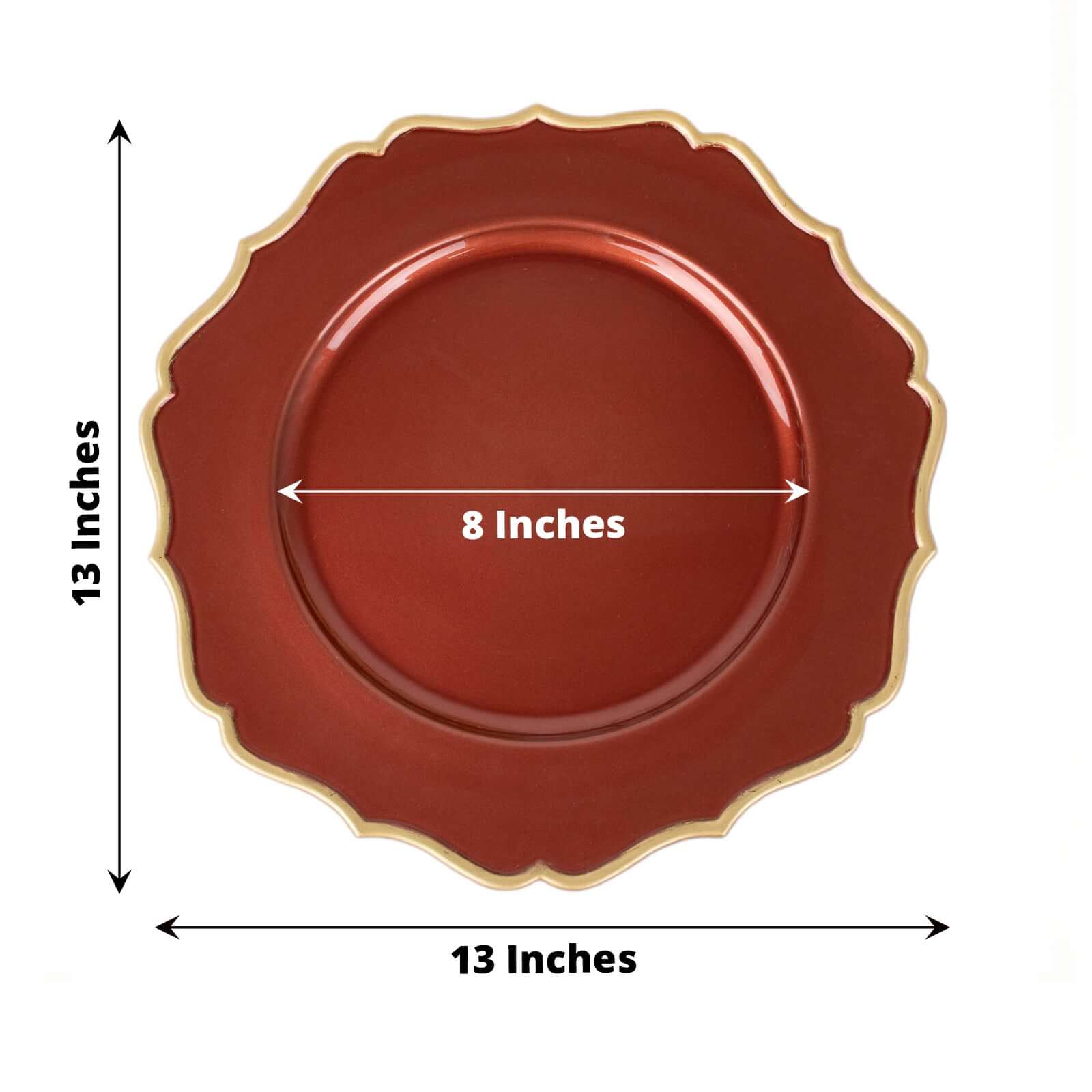 6-Pack Acrylic Round Charger Plates 13 in Terracotta (Rust) with Gold Scalloped Rim, Decorative Dinner Party Plastic Charger Tableware