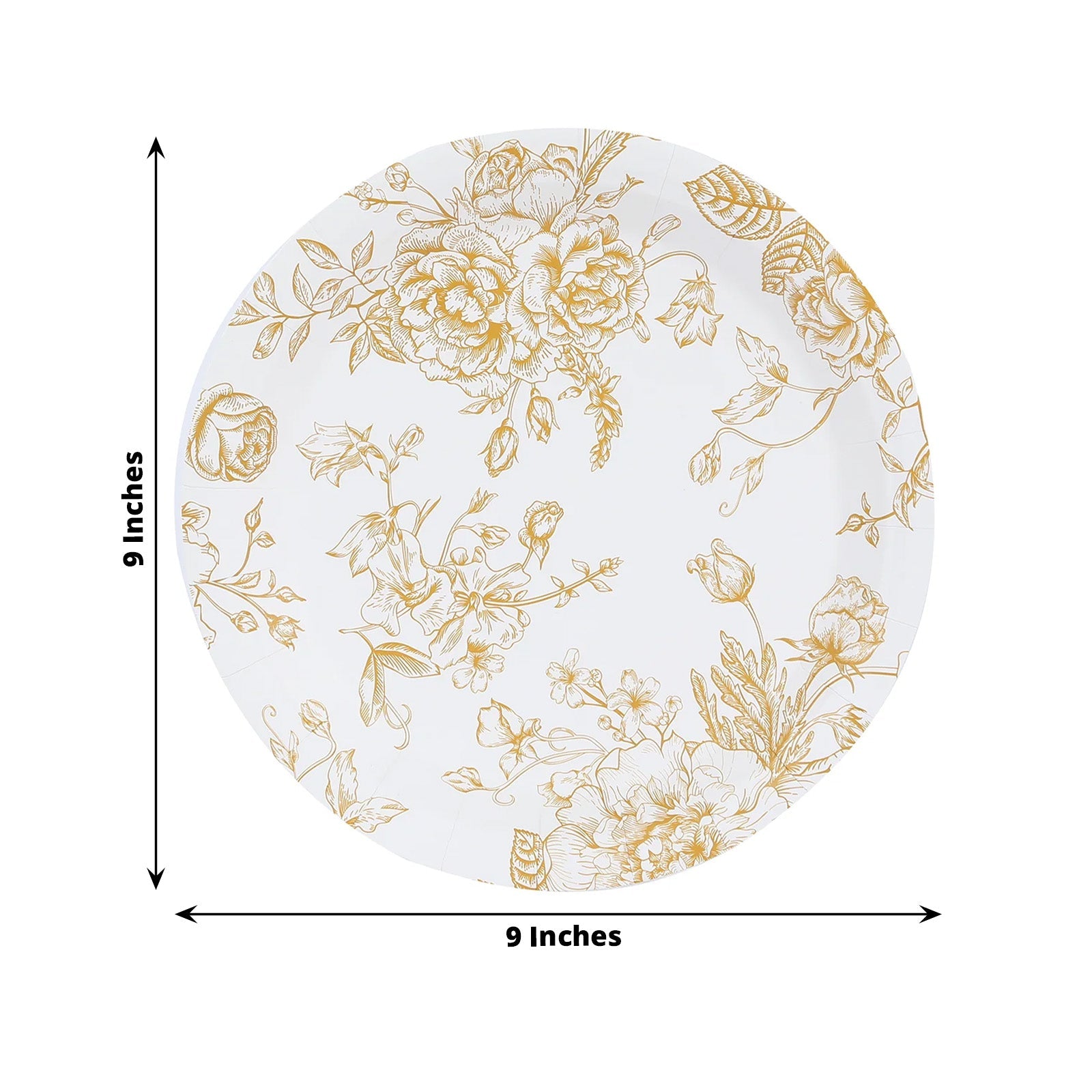 25-Pack Paper 9 Round Dinner Plates in White with Gold French Toile Pattern - Disposable Floral Party Plates for Stylish Events