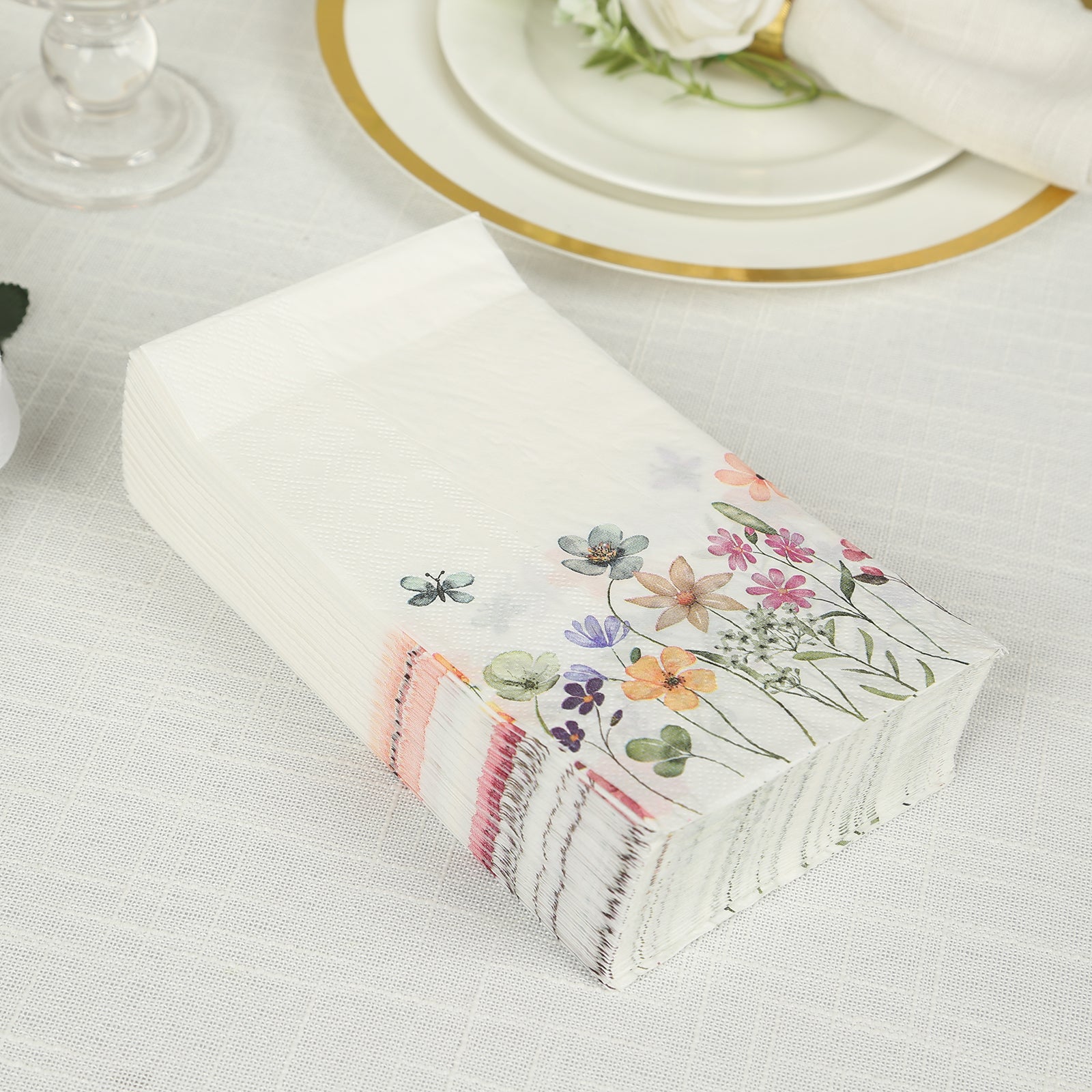 50-Pack Paper Dinner Napkins Wildflower Butterfly Design 2 Ply - Soft Disposable Napkins for Parties 8x4