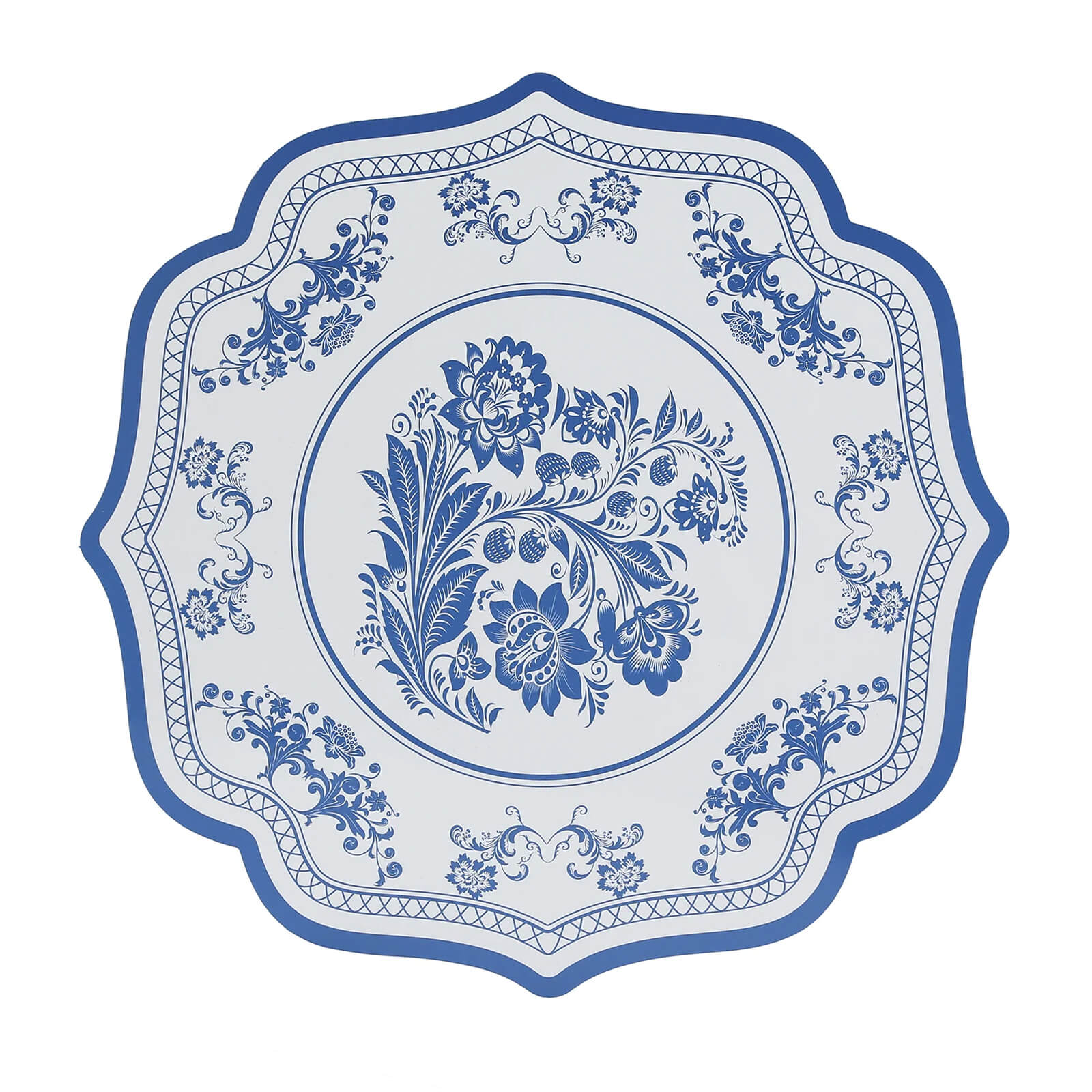 10-Pack Disposable Table Placemats 13 Round Placemats in White with Blue French Toile Pattern & Scalloped Rim - 400GSM Cardboard Placemats for Stylish Table Setting