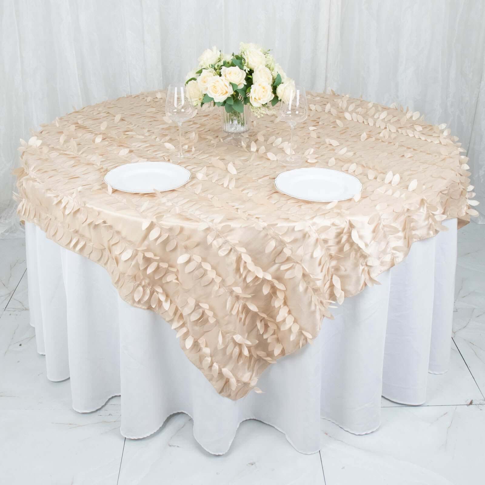 Taffeta 72x72 Table Overlay Square Tablecloth Beige - 3D Leaf Petal Table Cover