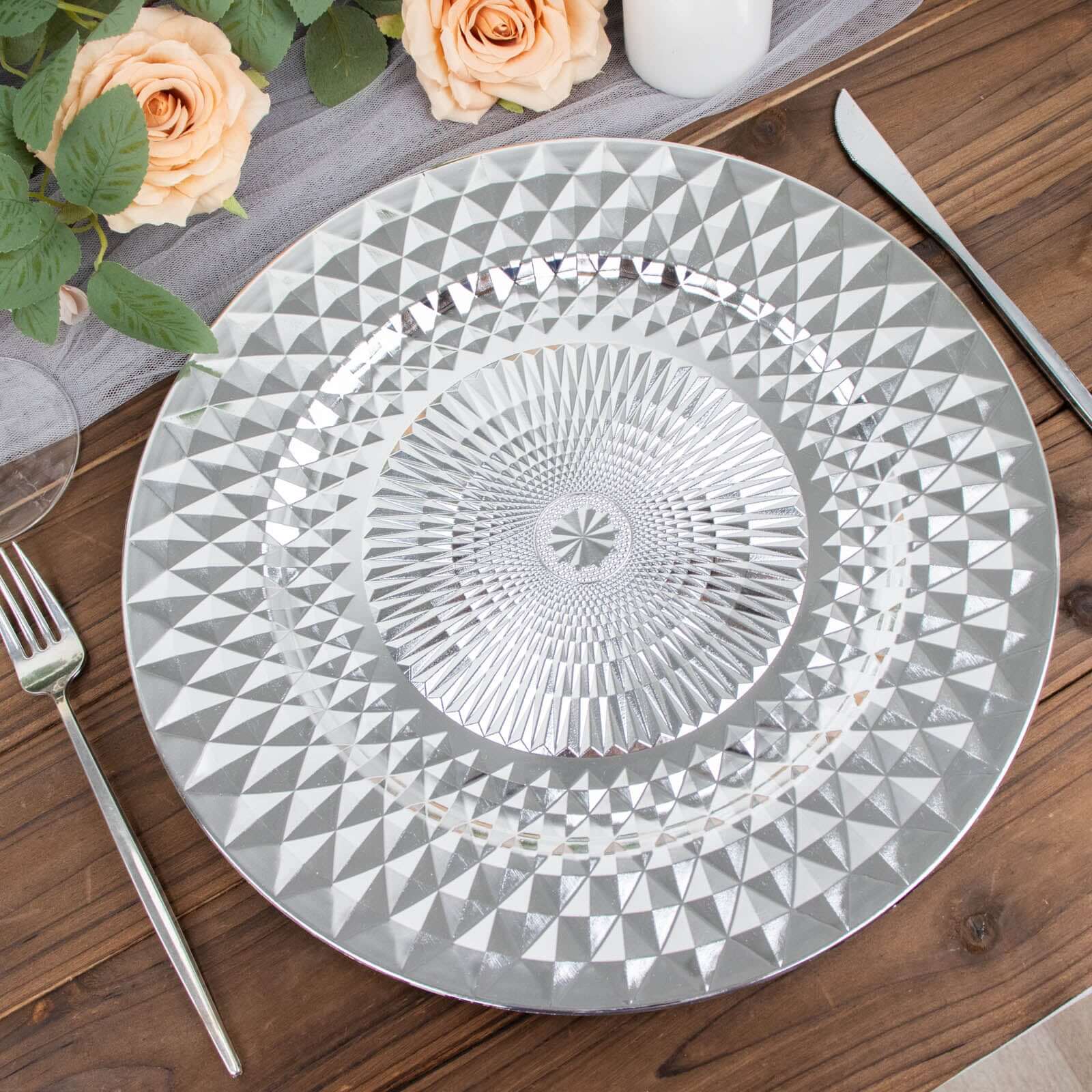 6-Pack Plastic Round Charger Plates 13 in Silver with Diamond Pattern, Sparkling Disposable Dinner Charger Tableware