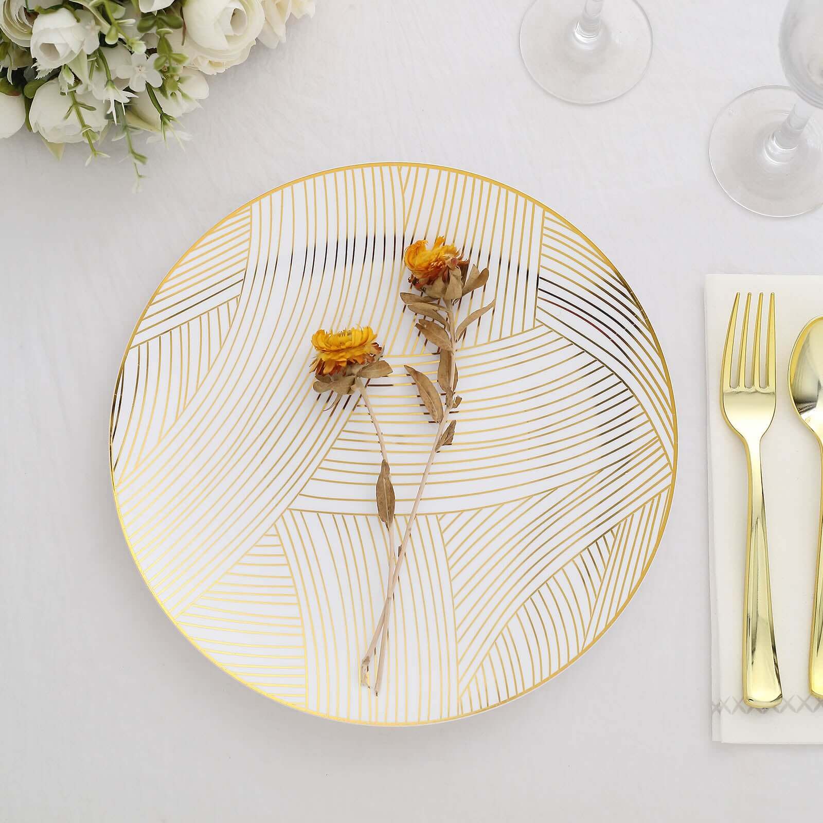 10-Pack Plastic 10 Round Dinner Plates in White with Gold Wave Brush Strokes Pattern - Disposable Party Plates for Modern & Classy Table Decor