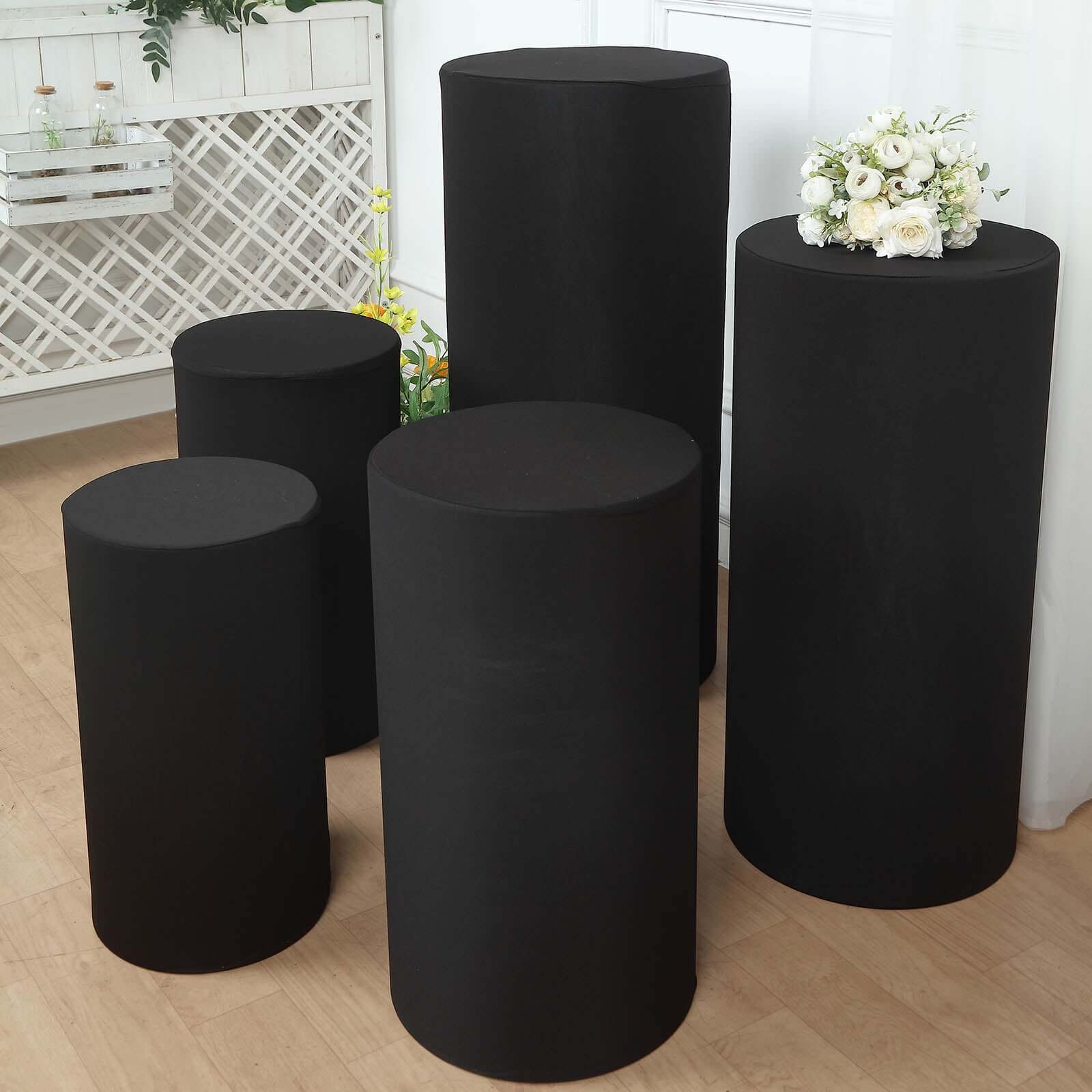 Set of 5 Black Spandex Cylinder Pedestal Stand Covers, Stretchable Pillar Prop Covers - 160 GSM