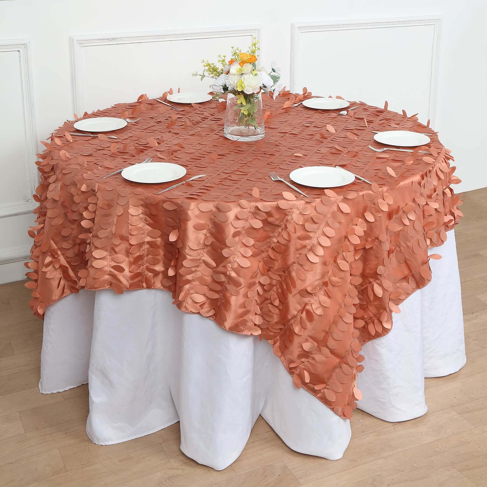 Taffeta 72x72 Table Overlay Square Tablecloth Terracotta (Rust) - 3D Leaf Petal Table Cover