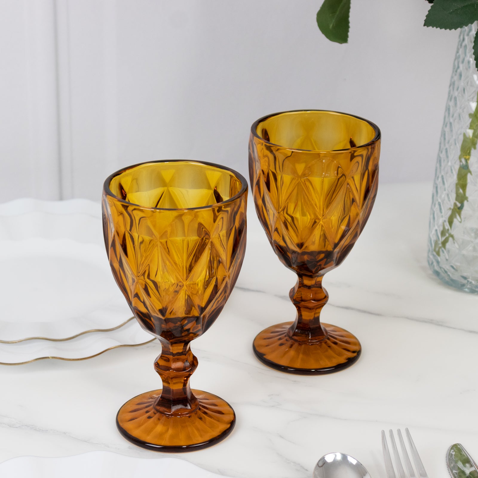 6-Pack Wine Glasses Amber Gold Embossed Crystal Cut Design Stemmed - Transparent Colored Goblets for Parties & Events 12oz 7