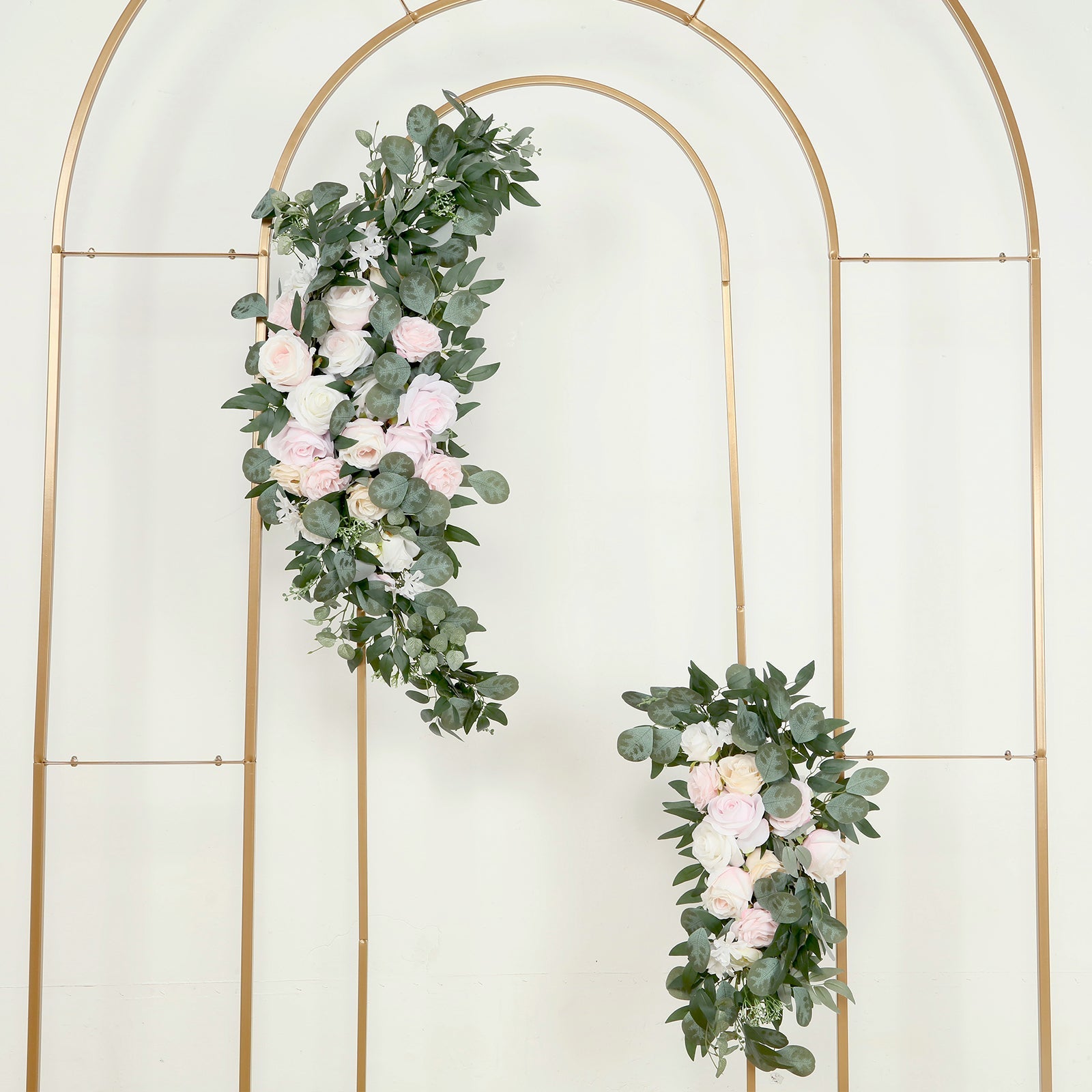 Set of 2 Silk Rose Floral Swag Wedding Arch Flowers in Cream Blush with Eucalyptus Leaves, Large Artificial Flower Arrangement Garlands - 24,42